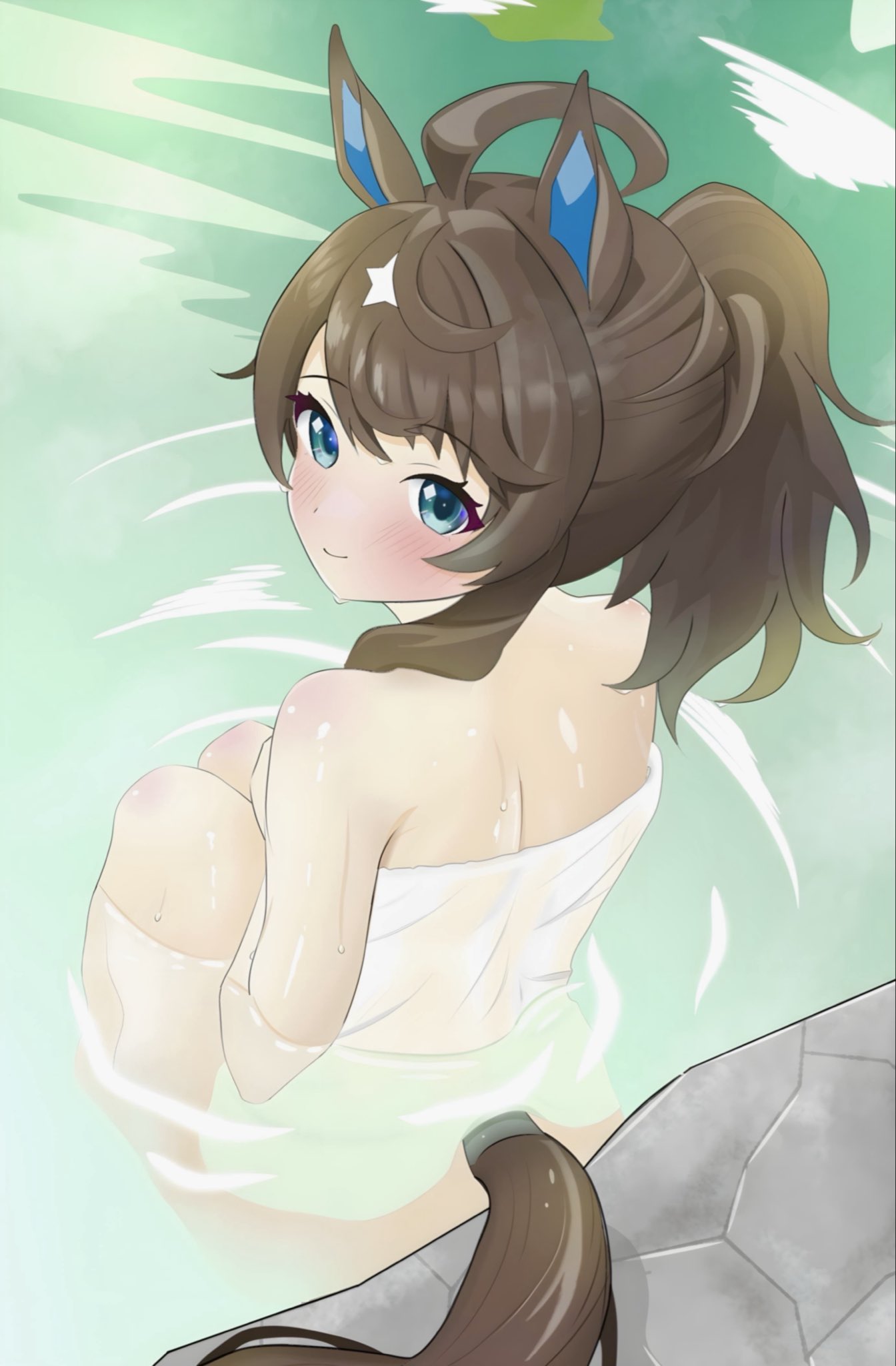 daring tact (umamusume), umamusume, commentary request, highres, ahoge, animal ears, blue eyes, blush, breasts, cleavage, hair between eyes, hair ornament, horse ears, horse girl, horse tail, kohaku1978691, long hair, looking at viewer, medium breasts, onsen, sitting, smile, tail, towel, wet
