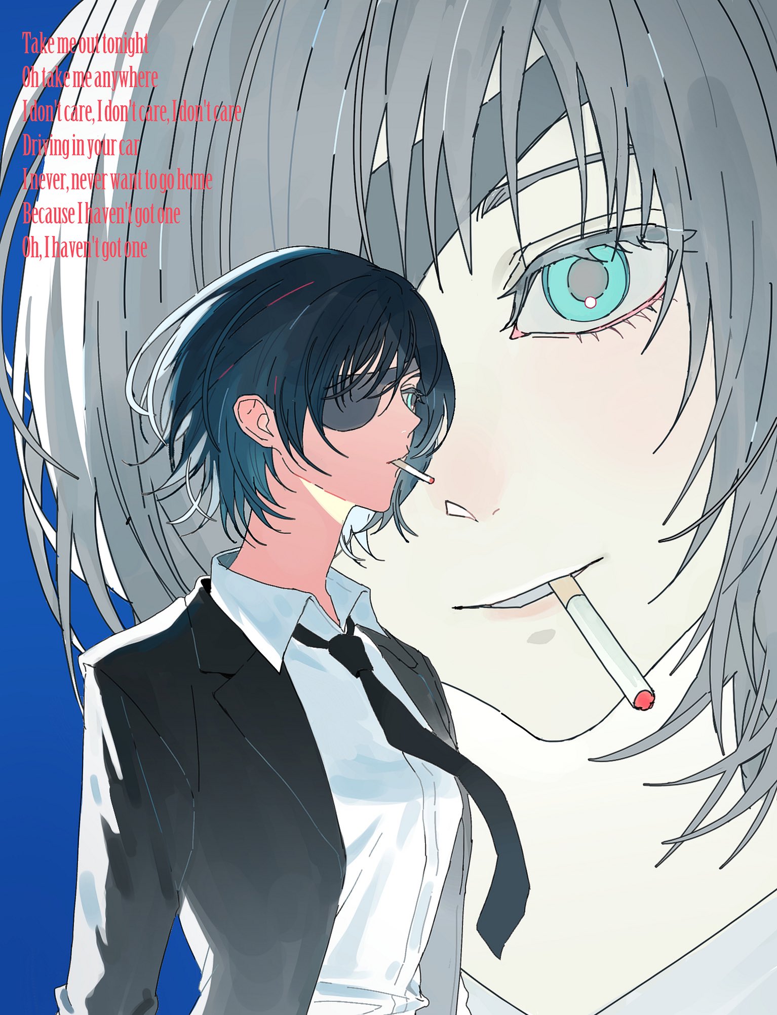 eoseo88, himeno (chainsaw man), chainsaw man, commentary, highres, 1girl, black hair, black necktie, black suit, blue eyes, cigarette, collared shirt, english text, eyepatch, formal clothes, looking at viewer, multiple views, necktie, shirt, short hair, suit, upper body, white shirt