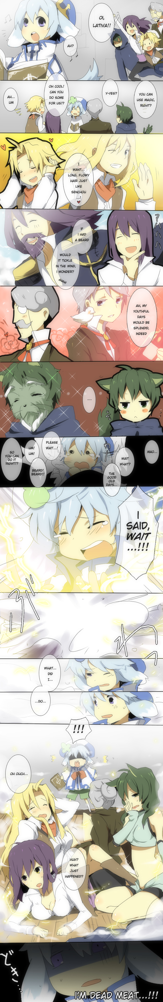 kl (dgzonbi), pixiv fantasia, pixiv fantasia 3, absurdres, highres, long image, tall image, 4girls, 5boys, animal ears, beard, bird, blonde hair, cat ears, comic, dog ears, dove, english text, facial hair, green hair, hat, long hair, multiple boys, multiple girls, purple eyes, purple hair, white hair