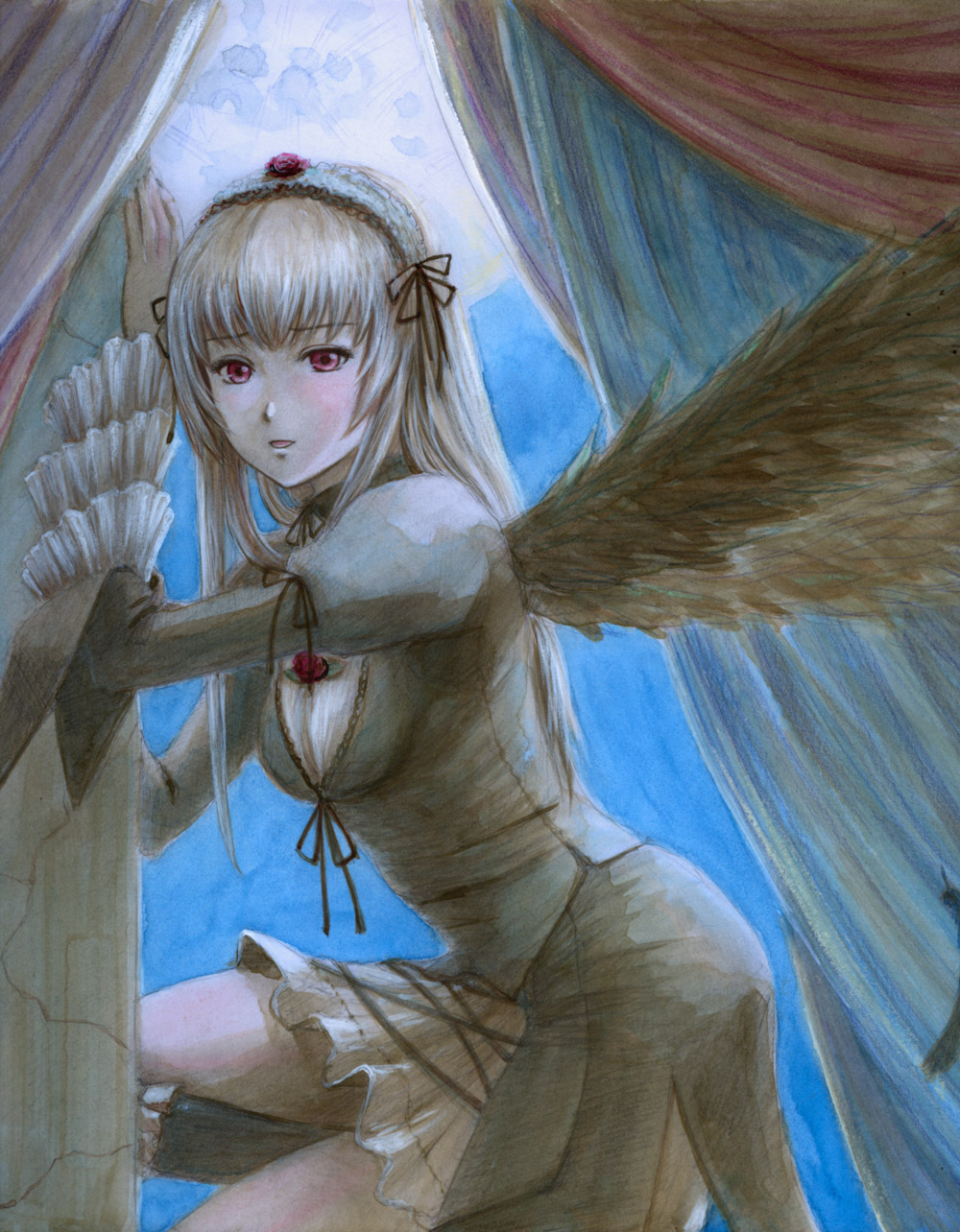 tafuto, suigintou, rozen maiden, silver hair, bad id, bad pixiv id, highres, 00s, blush, dress, frills, hairband, long hair, moon, purple eyes, solo, wings