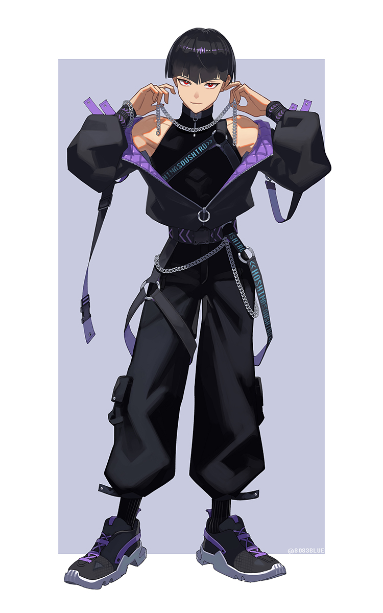 8083 blue, hoshina soshiro, kaijuu no. 8, commentary request, highres, 1boy, black hair, black pants, black shirt, border, bowl cut, chain, character name, closed mouth, full body, looking at viewer, male focus, o-ring, pants, puffy sleeves, red eyes, ribbed socks, shirt, shoes, short hair, smile, sneakers, socks, solo, techwear, white border