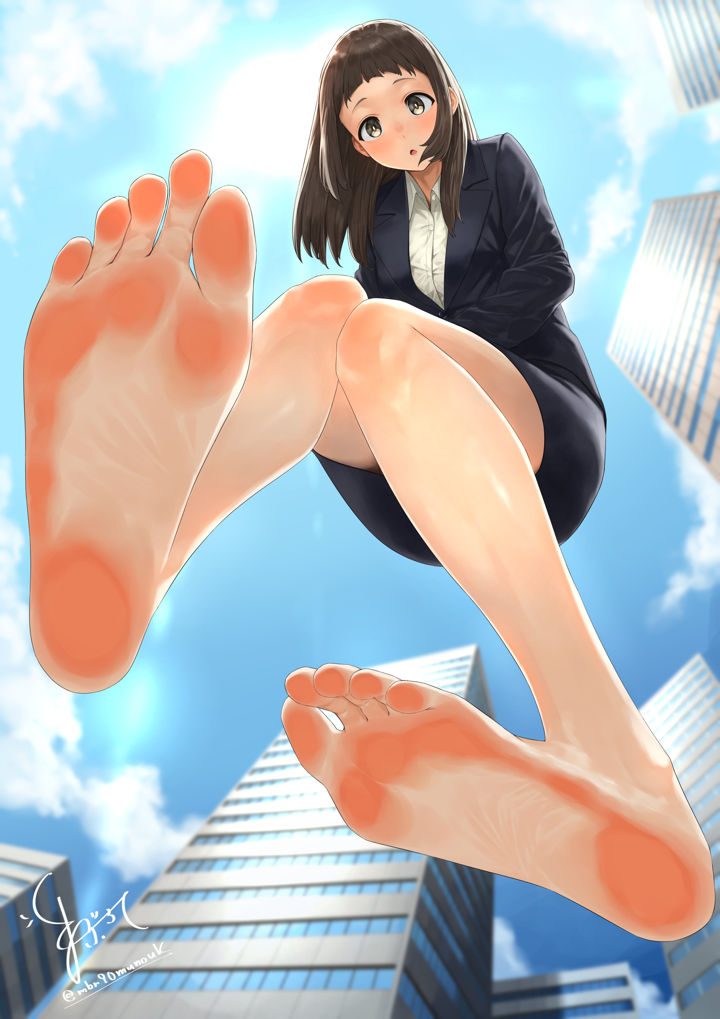 maburoku, original, absurdres, highres, 1girl, :o, bare legs, barefoot, black jacket, black skirt, blue sky, breasts, brown eyes, brown hair, building, cloud, cloudy sky, collared shirt, feet, foot focus, from below, invisible floor, jacket, leaning forward, legs, long hair, looking at viewer, medium breasts, no shoes, office lady, raised eyebrows, shirt, signature, skirt, sky, soles, solo, toes, twitter username, white shirt