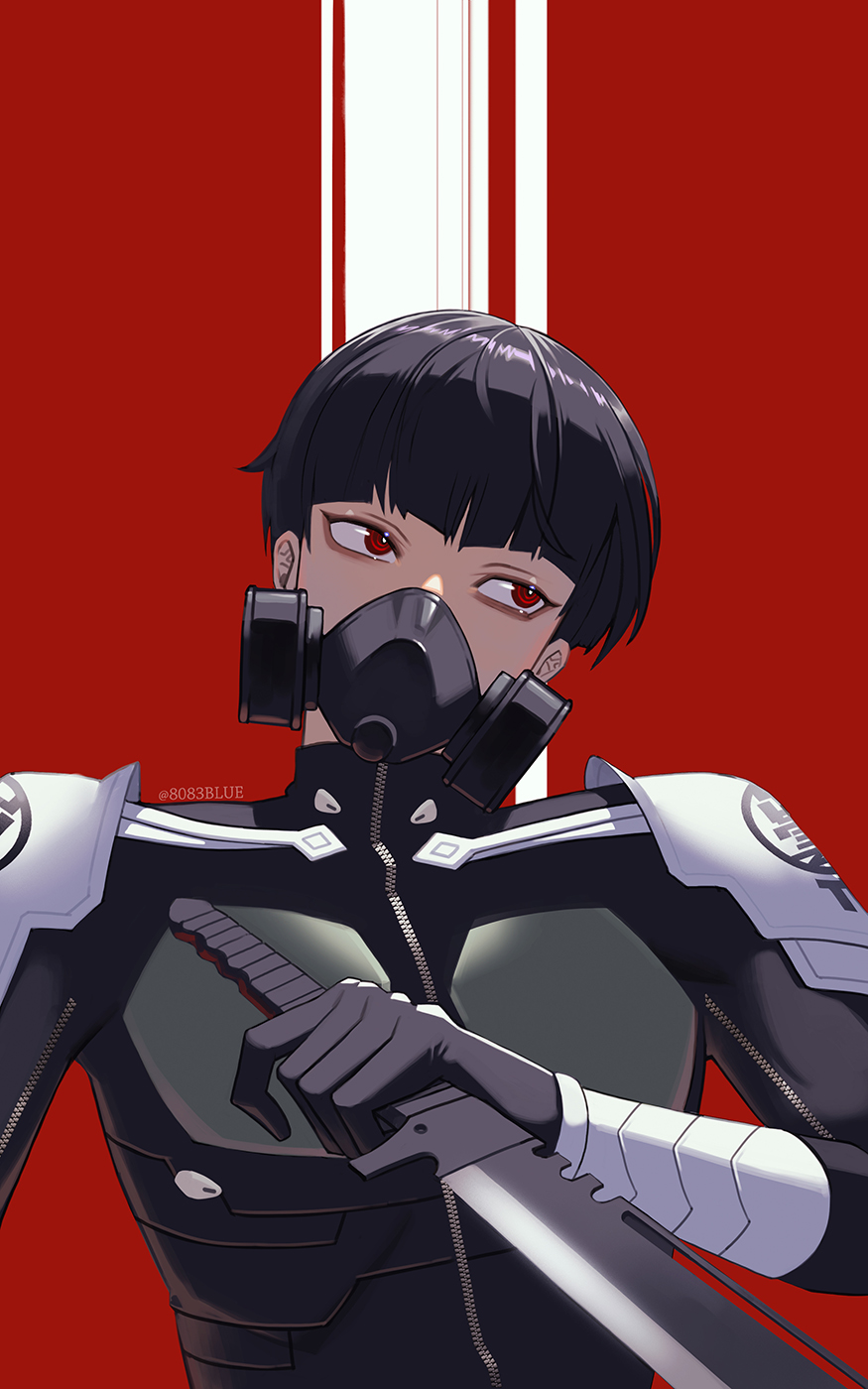 8083 blue, hoshina soshiro, kaijuu no. 8, commentary, highres, 1boy, black bodysuit, black hair, blunt bangs, bodysuit, bowl cut, gas mask, holding, holding sword, holding weapon, male focus, mask, red background, red eyes, ringed eyes, short hair, sideways glance, solo, sword, upper body, weapon