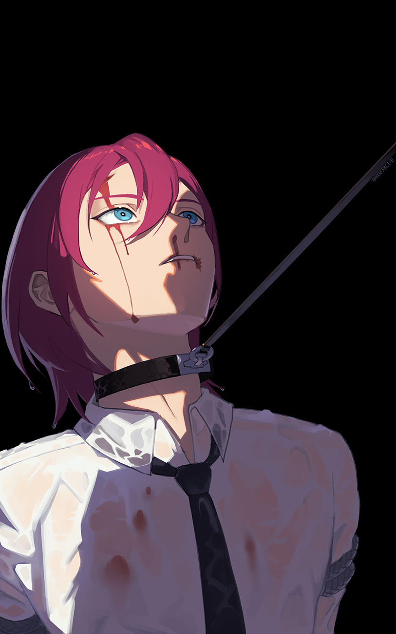 8083 blue, saegusa ibara, ensemble stars!, highres, 1boy, black background, black necktie, blood, blood from forehead, blood on clothes, blue eyes, collar, collared shirt, hair between eyes, injury, leash, leash pull, necktie, nosebleed, parted lips, pink hair, shirt, short hair, simple background, solo, upper body, wet, wet clothes, wet shirt, white shirt