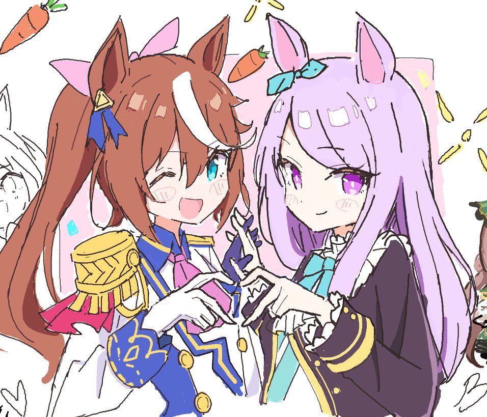 akure1129, mejiro mcqueen (frontline elegance) (umamusume), mejiro mcqueen (umamusume), tokai teio (peak joy) (umamusume), tokai teio (umamusume), umamusume, 1girl, 2girls, animal ears, aqua bow, ascot, asymmetrical gloves, blush, bow, brown hair, ear bow, ear ornament, ear ribbon, epaulettes, frilled jacket, frills, gloves, high ponytail, horse ears, horse girl, horse tail, horseshoe ornament, jacket, long hair, long sleeves, looking at viewer, mismatched gloves, multicolored hair, multiple girls, open mouth, pink ascot, ponytail, purple eyes, purple hair, shirt, single epaulette, smile, streaked hair, swept bangs, tail