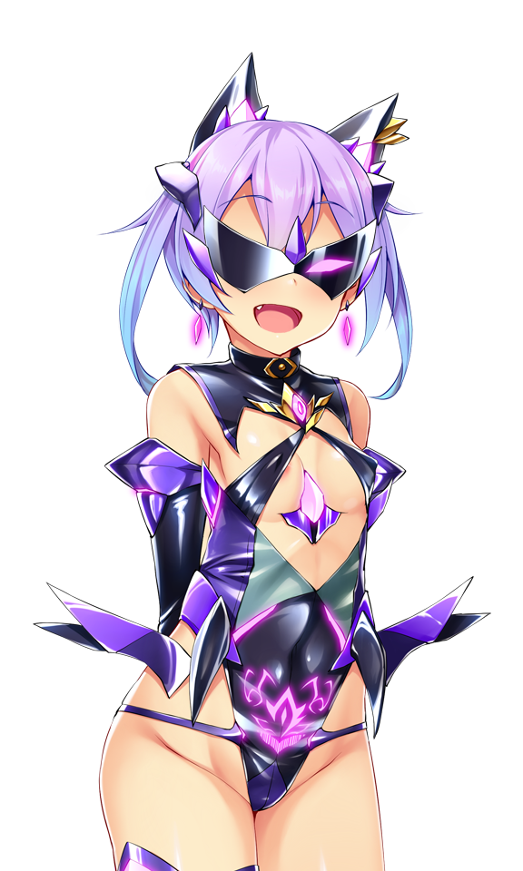 satou kuuki, fujii natsumi (ysphere), soukou seiki ysphere, game cg, large variant set, non-web source, official art, variant set, 1girl, :d, animal ears, arms behind back, bare shoulders, blindfold, blue hair, breasts, corruption, covered eyes, covered navel, cowboy shot, dark persona, earrings, elbow gloves, evil aqua, eye mask, fang, gem, gloves, glowing, gradient hair, highleg, highleg leotard, jewelry, leotard, mask, mind control, multicolored hair, open mouth, pubic tattoo, purple hair, shiny clothes, short hair, simple background, small breasts, smile, solo, standing, tattoo, thighhighs, transparent background, twintails