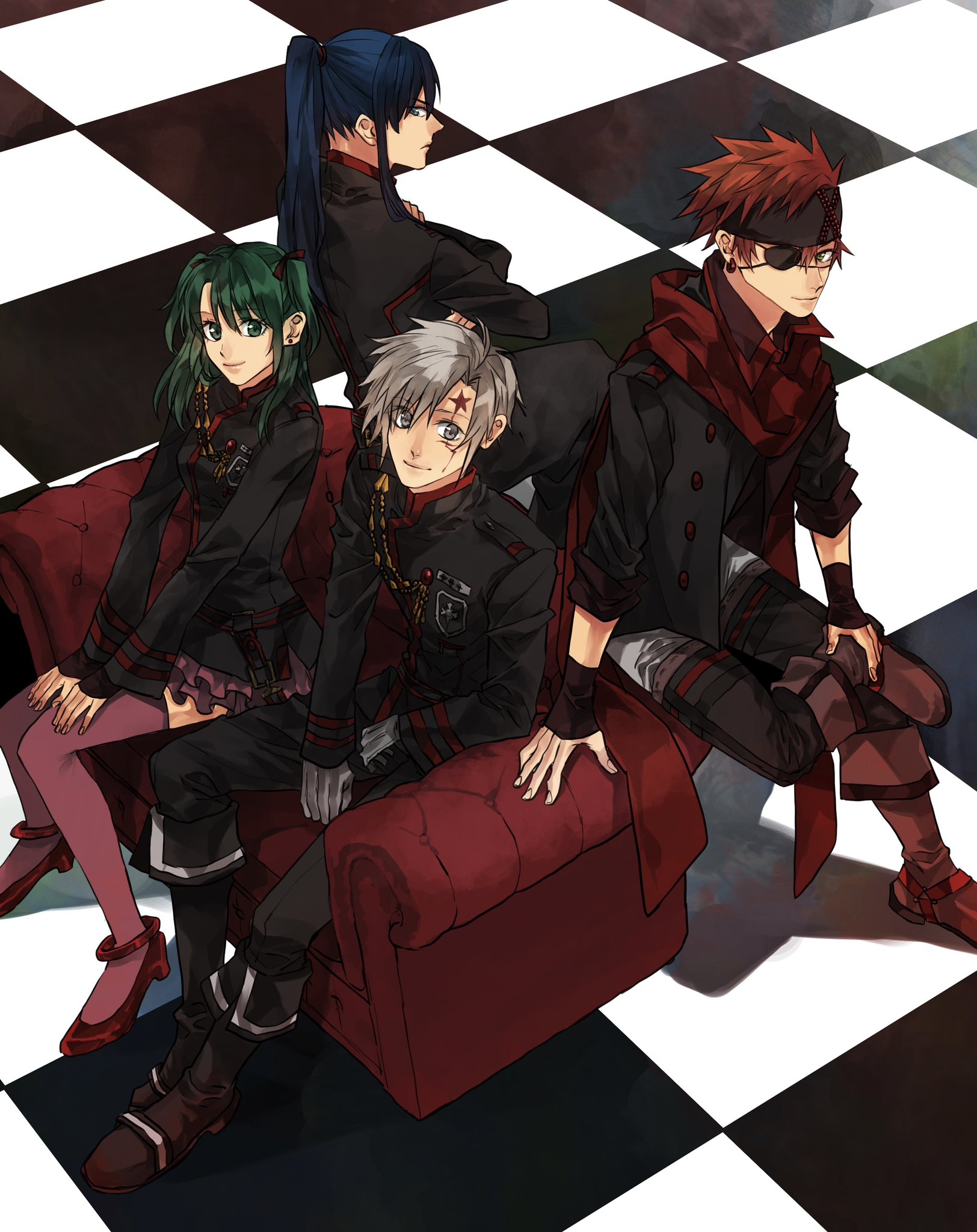allen walker, kanda yuu, lavi, lenalee lee, d.gray-man, highres, 1girl, 3boys, ahoge, anklet, badge, belt, black belt, black boots, black jacket, black order uniform, black pants, black shirt, blue eyes, blue hair, boots, brown boots, brown gloves, brown headband, buttons, chain, checkered floor, collared jacket, couch, cross, crossed arms, earrings, eyepatch, facial mark, facing viewer, fingerless gloves, forehead mark, frown, gloves, gold chain, green eyes, green hair, grey eyes, grey gloves, grey hair, hair between eyes, hair over shoulder, hair ribbon, hand on own foot, hand on own thigh, headband, high heels, high ponytail, hoop earrings, jacket, jewelry, koshian (mruc9), legs, lips, long hair, long sleeves, looking at viewer, looking back, messy hair, military, military uniform, miniskirt, multiple boys, on couch, one eye covered, open clothes, open jacket, orange hair, pants, parted bangs, pink skirt, pink thighhighs, pleated skirt, ponytail, profile, red ribbon, red scarf, red shoes, ribbon, scar, scar across eye, scar on face, scarf, shadow, shirt, shoes, short hair, sidelocks, sitting, skirt, sleeves rolled up, smile, spiked hair, star (symbol), star facial mark, striped belt, striped clothes, striped headband, striped jacket, stud earrings, thighhighs, thighs, turtleneck, turtleneck jacket, two-tone pants, two side up, vertical-striped clothes, vertical-striped headband, vertical-striped jacket, white pants, zettai ryouiki