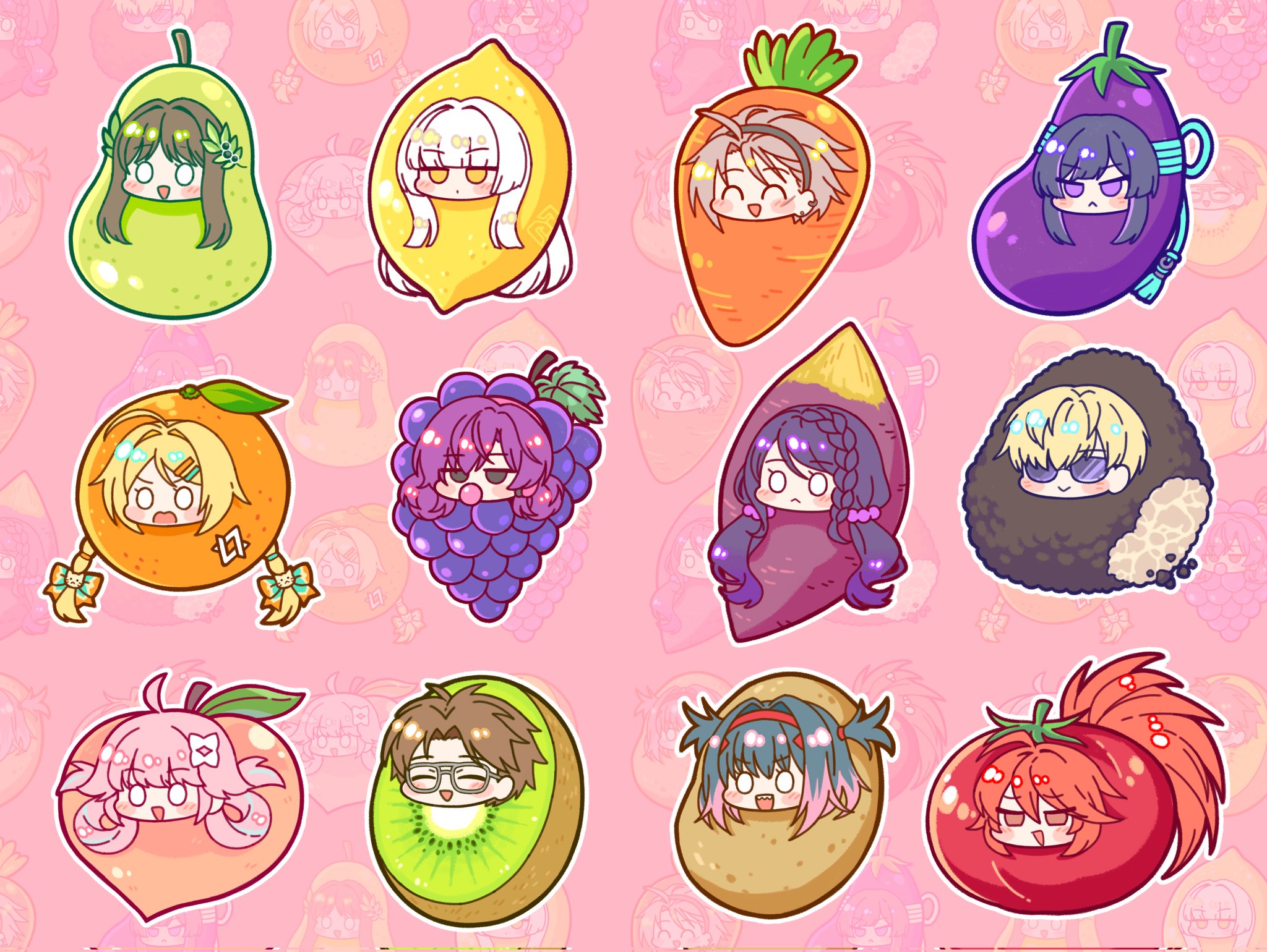 kaoling, black survival, eternal return: black survival, character request, commentary request, corrupted twitter file, food request, highres, korean commentary, 2boys, 6+girls, ^ ^, ahoge, aqua hair, black hair, black hairband, blonde hair, blowing bubble gum, blunt bangs, blush, blush stickers, brown hair, carrot, chewing gum, chibi, chibi only, chips (food), closed eyes, closed mouth, colored tips, completely unamused, dot mouth, earclip, food, foodification, fruit, fruit request, grapes, grey-framed eyewear, grey eyes, grey hair, hair bobbles, hair intakes, hair ornament, hair rings, hairband, half crown braid, jitome, leaf hair ornament, lemon, long hair, multicolored hair, multiple boys, multiple girls, no nose, o o, open mouth, pink background, pink hair, plum, ponytail, potato chips, purple eyes, purple hair, red hair, red hairband, short hair, sunglasses, triangle mouth, two side up, unamused, v-shaped eyebrows, white hair, yellow eyes