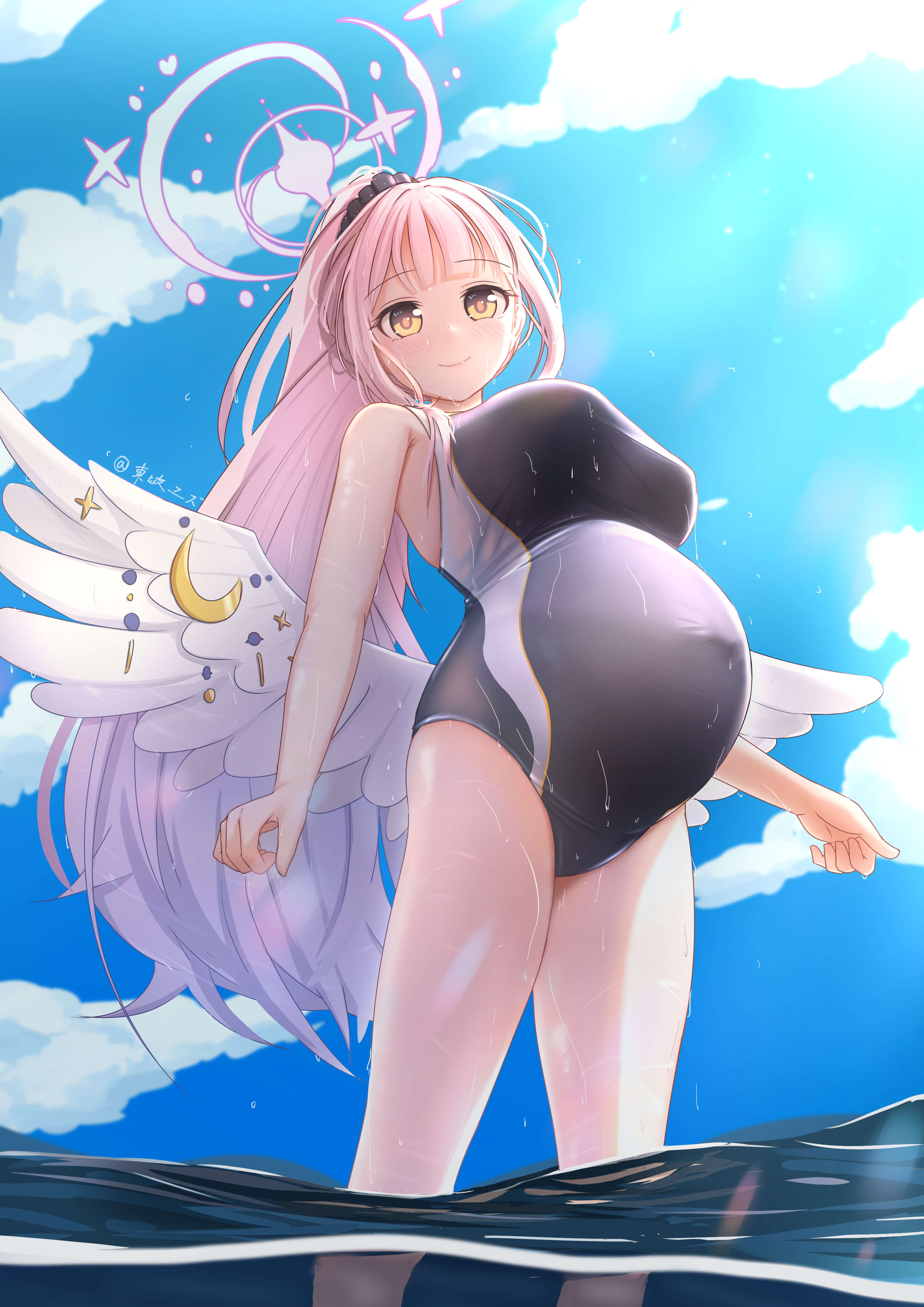 yuzuhara1017, mika (blue archive), blue archive, absurdres, chinese commentary, commentary, highres, mixed-language commentary, 1girl, artist name, black one-piece swimsuit, blue sky, breasts, closed mouth, cloud, competition school swimsuit, covered navel, day, halo, large breasts, long hair, looking at viewer, on water, one-piece swimsuit, outdoors, pink hair, pink halo, ponytail, pregnant, school swimsuit, sky, smile, solo, swimsuit, trinity general school swimsuit, white wings, wing ornament, wings, yellow eyes