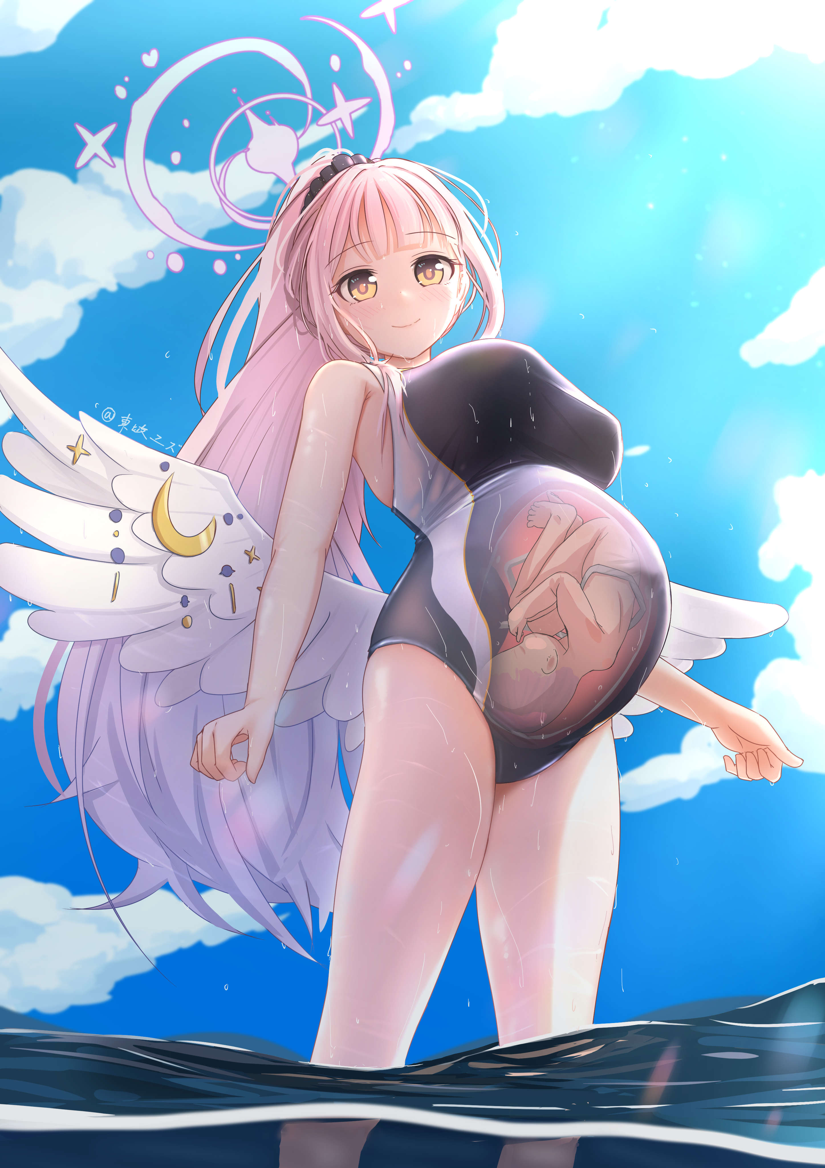yuzuhara1017, mika (blue archive), blue archive, absurdres, chinese commentary, commentary, highres, mixed-language commentary, 1girl, artist name, black one-piece swimsuit, blue sky, breasts, closed mouth, cloud, competition school swimsuit, covered navel, day, fetus, halo, large breasts, long hair, looking at viewer, on water, one-piece swimsuit, outdoors, pink hair, pink halo, ponytail, pregnant, school swimsuit, sky, smile, solo, swimsuit, trinity general school swimsuit, white wings, wing ornament, wings, x-ray, yellow eyes