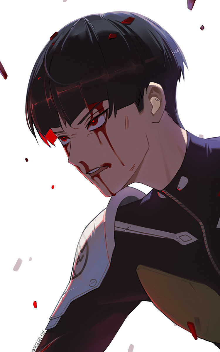 8083 blue, hoshina soshiro, kaijuu no. 8, highres, 1boy, black hair, blood, blood from mouth, blood on face, bowl cut, bright pupils, looking ahead, male focus, parted lips, red eyes, red pupils, ringed eyes, short hair, sideburns, simple background, solo, upper body, white background