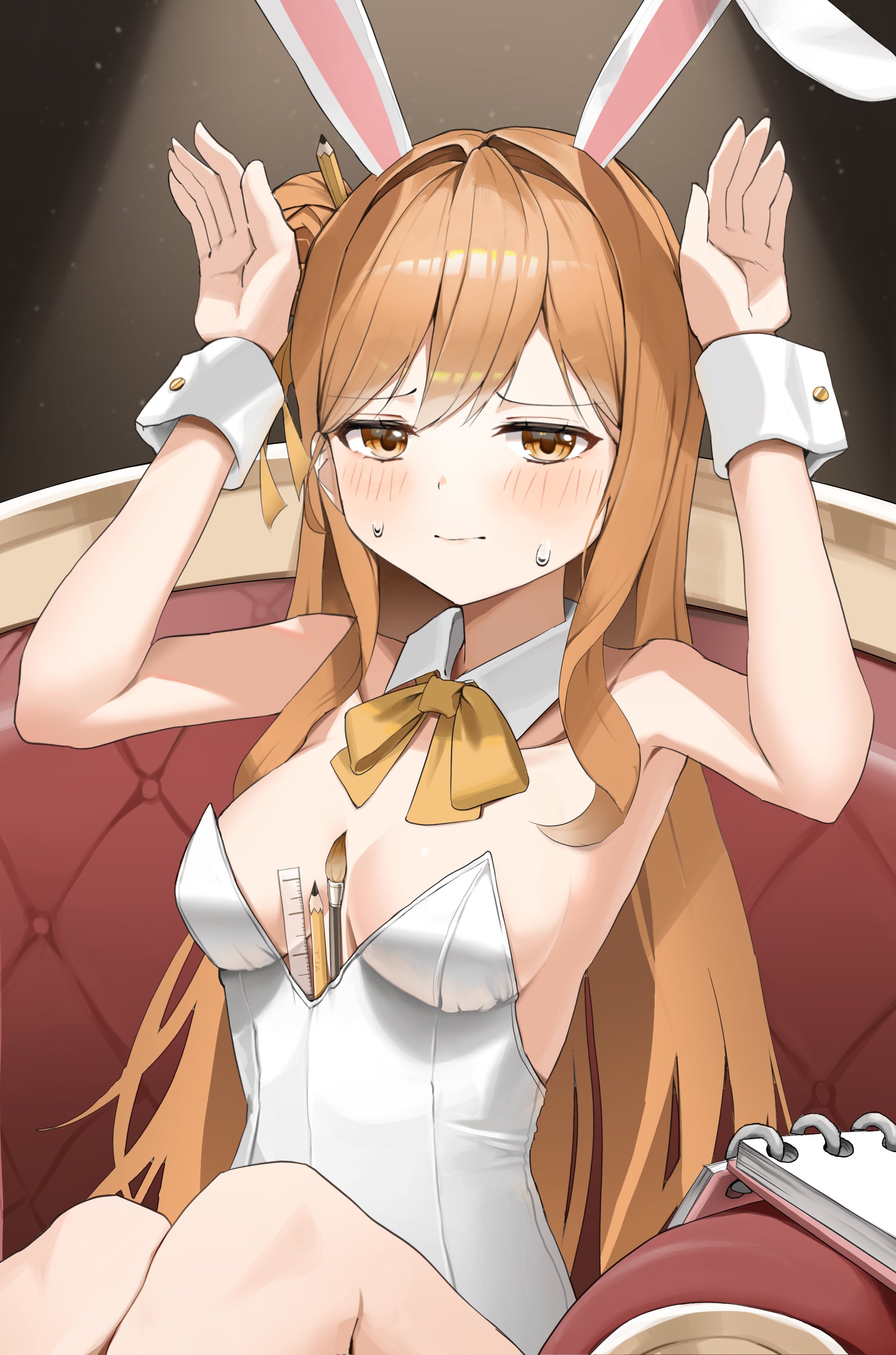 yoonnong, tia (black survival), black survival, eternal return: black survival, absurdres, commentary request, highres, korean commentary, 1girl, animal ears, arms up, blush, bow, bowtie, breasts, brown eyes, chair, closed mouth, collar, detached collar, double-parted bangs, embarrassed, fake animal ears, hair bun, hair intakes, hug, leotard, long hair, looking at viewer, medium breasts, notebook, on chair, orange hair, paintbrush, palms, pencil, pencil in hair, playboy bunny, rabbit ears, rabbit pose, ruler, single side bun, sitting, solo, straight hair, sweat, white collar, white leotard, white wrist cuffs, wing collar, wrist cuffs, yellow bow, yellow bowtie