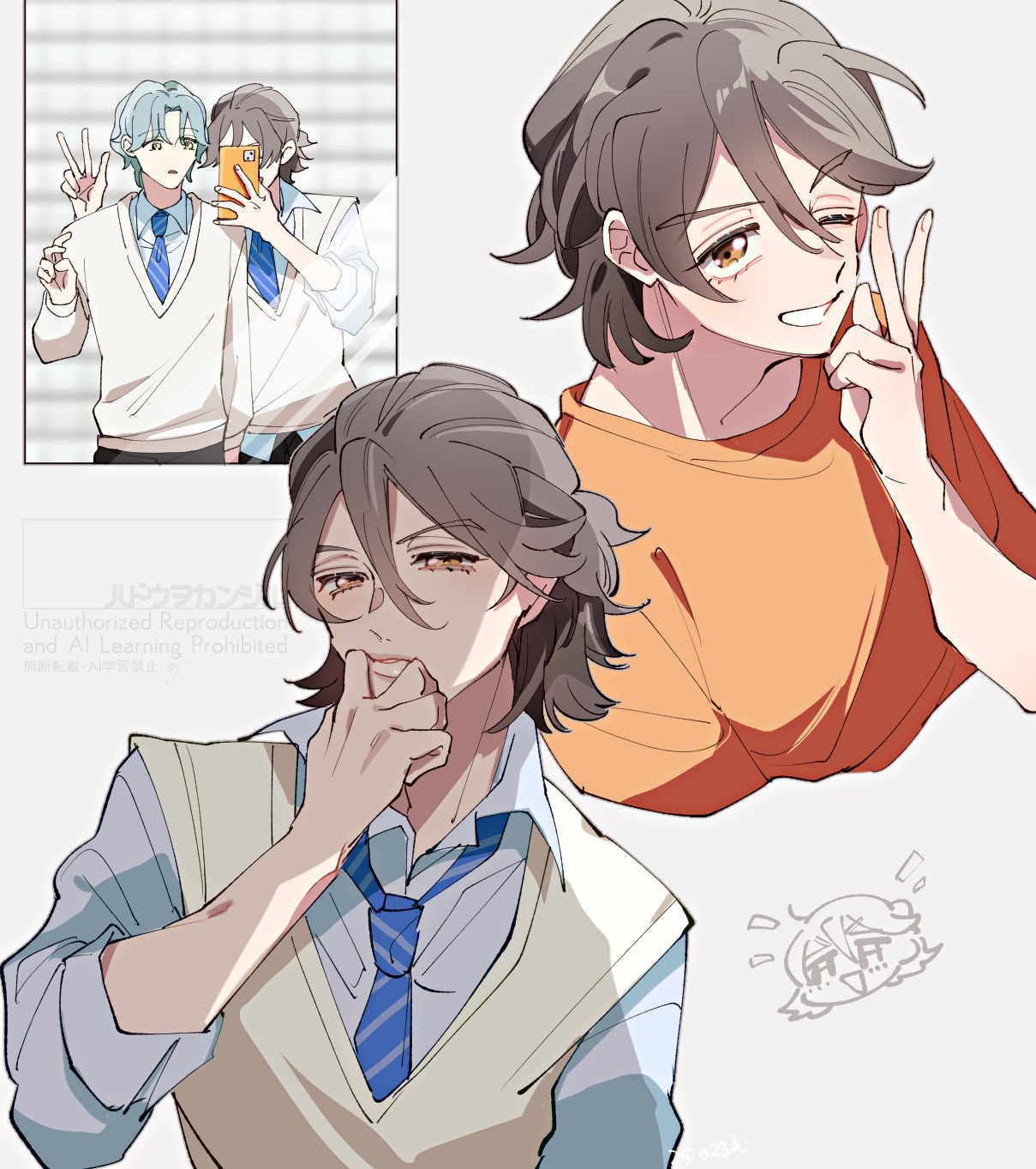 nonoko (nopippichan), hibiki kaito, kimi to idol precure, precure, highres, 2boys, brown hair, collarbone, confused, green hair, half updo, hand on own face, holding, holding phone, jogi (precure), looking at viewer, looking up, male focus, mirror selfie, multiple boys, neck, necktie, one eye closed, parted bangs, phone, school, school uniform, selfie, shirt, short hair, short sleeves, smirk, solo, solo focus, twitter username, upper body, v, watermark