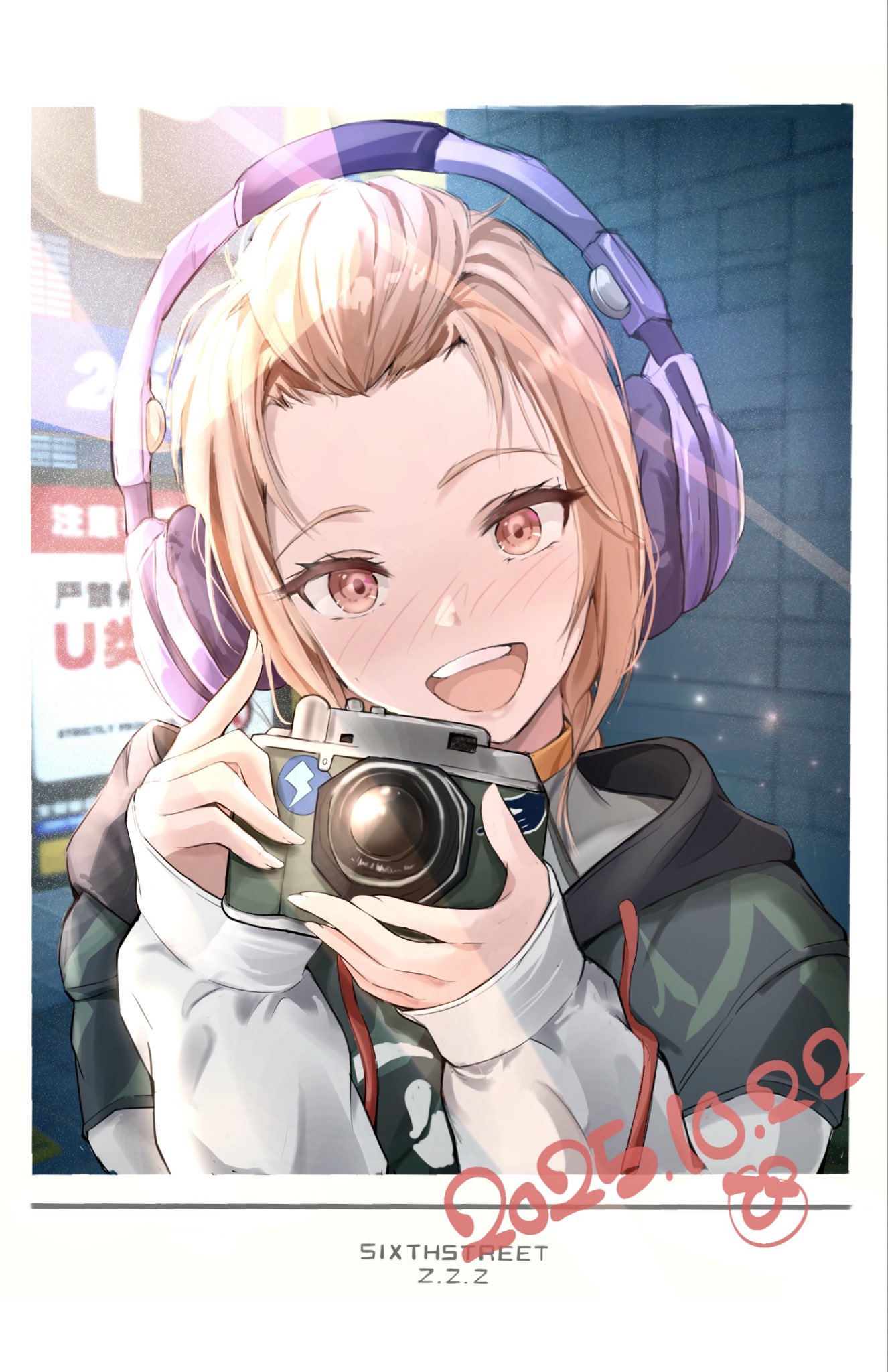 pinjirooo, sheila (zenless zone zero), zenless zone zero, highres, 1girl, :d, blush, camera, dated, fake screenshot, gameplay mechanics, headphones, holding, holding camera, hood, hoodie, light rays, long sleeves, looking at viewer, nose blush, open mouth, orange hair, pink eyes, sleeves past wrists, smile, solo, sunbeam, sunlight