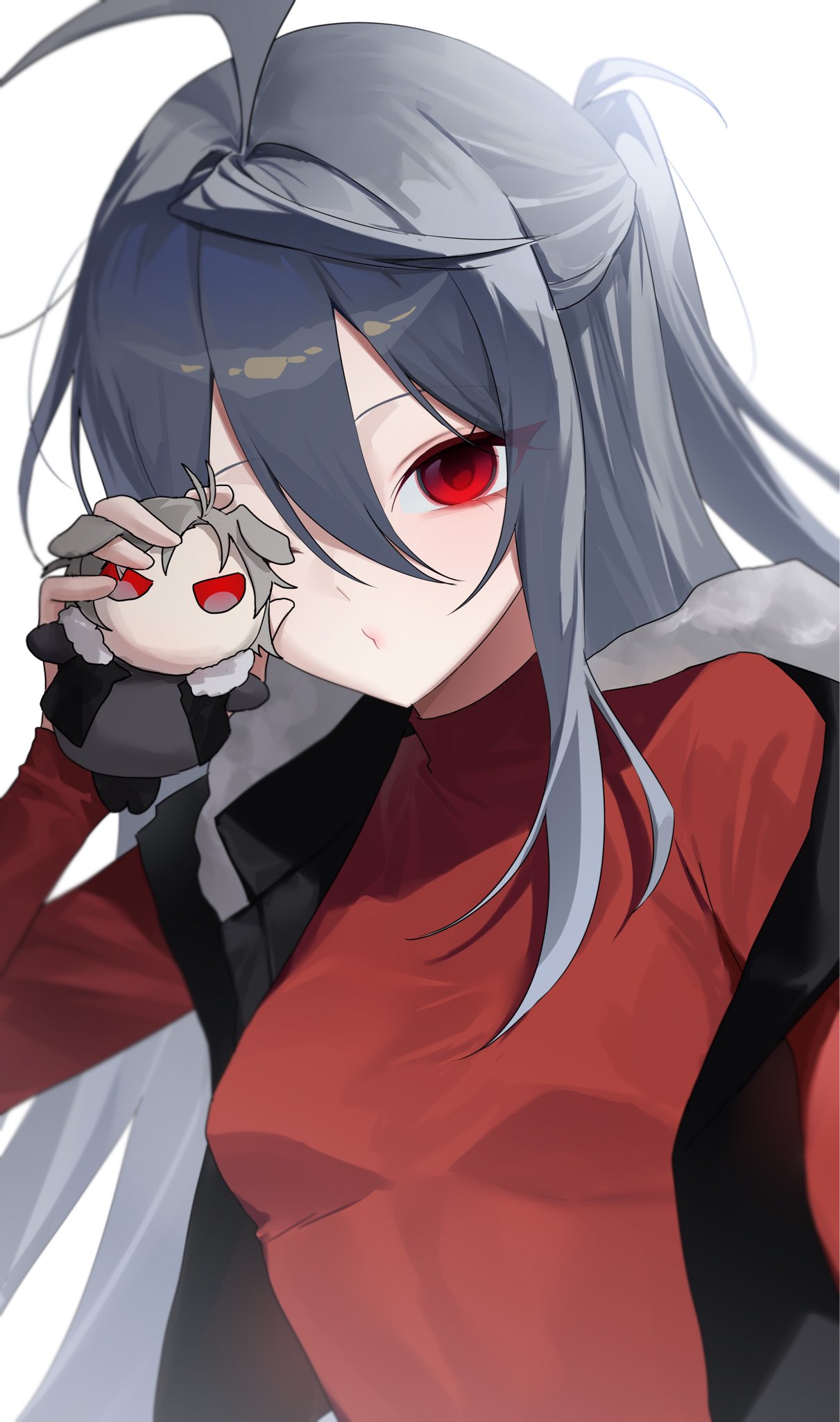 garnet (black survival), black survival, eternal return: black survival, commentary request, highres, jpeg artifacts, korean commentary, 1girl, aco (aco 7313), ahoge, black jacket, bloom, breasts, character doll, closed mouth, doll, double-parted bangs, fur-trimmed jacket, fur trim, grey hair, hair between eyes, half updo, hand up, holding, holding doll, jacket, long bangs, long hair, long sleeves, looking at viewer, red eyes, red sweater, simple background, sleeveless, sleeveless jacket, small breasts, solo, sweater, turtleneck, turtleneck sweater, upper body, white background