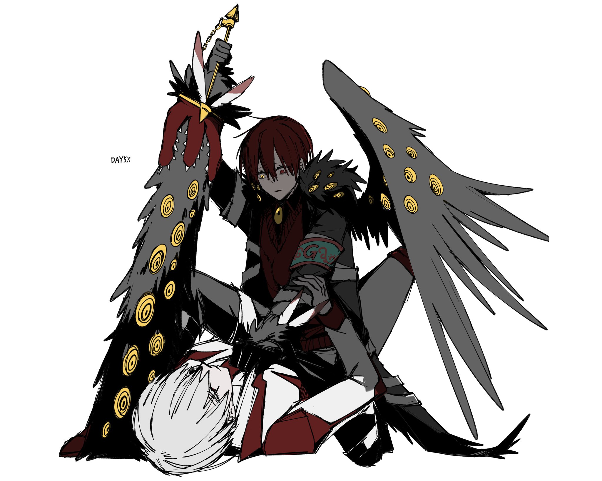 employee (project moon), nugget (project moon), lobotomy corporation, project moon, highres, 2boys, 779 nnk, armband, black coat, black gloves, black pants, black wings, coat, e.g.o (project moon), gloves, heterochromia, holding, holding sword, holding weapon, jacket, long sleeves, lying, male focus, multiple boys, on back, open clothes, pants, paradise lost (e.g.o), pinned, red eyes, red hair, shirt, short hair, simple background, single wing, sword, twilight (e.g.o), weapon, white background, white gloves, white hair, white jacket, white pants, wings, yellow eyes