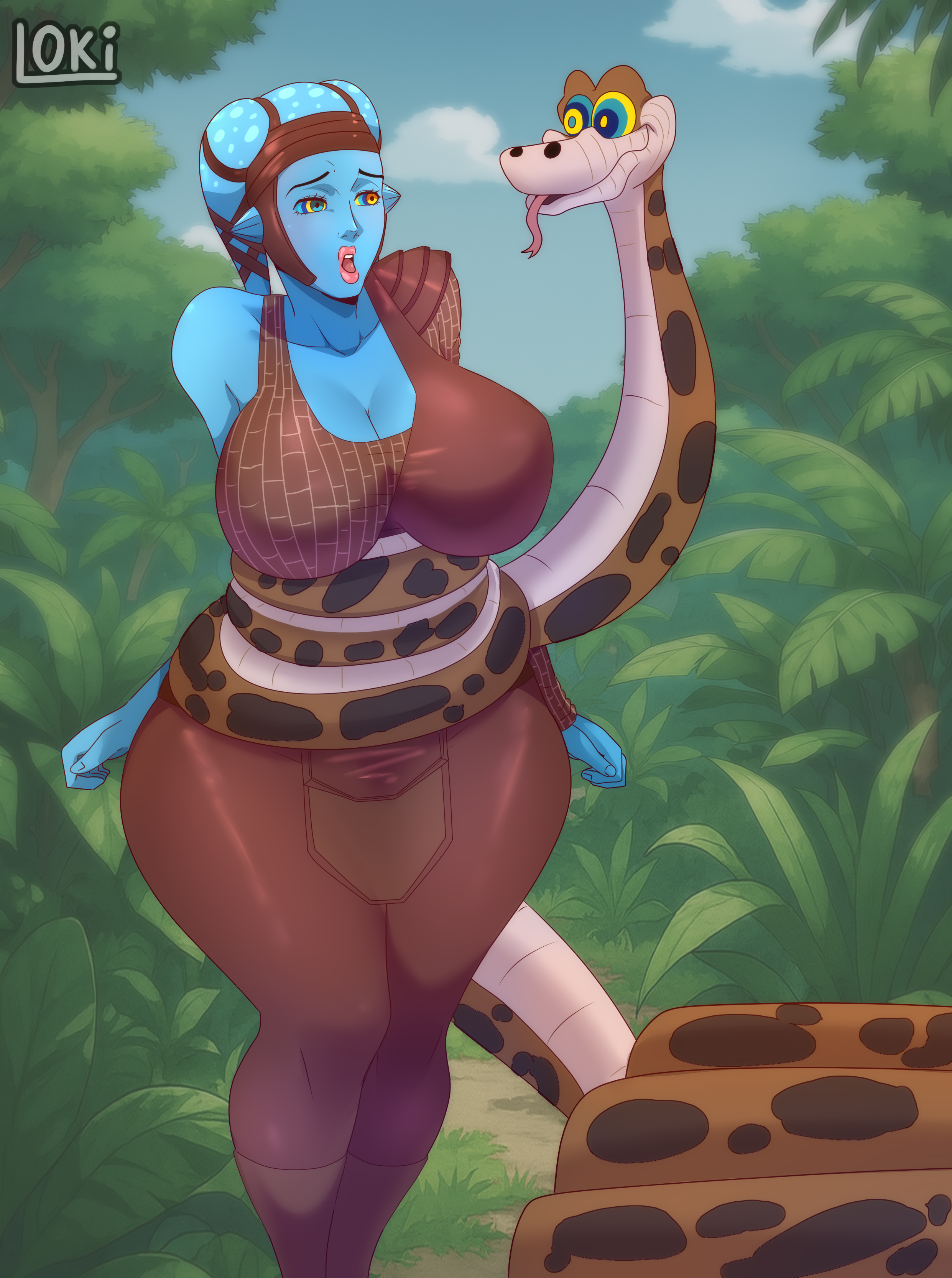 lokidrawsart, aayla secura, kaa (jungle book), twi'lek, star wars, the jungle book, absurdres, highres, 1girl, alien, artist name, blue skin, blue sky, breasts, brown pants, cloud, colored skin, crossover, day, hypnosis, large breasts, mind control, open mouth, outdoors, pants, sky, snake, tree