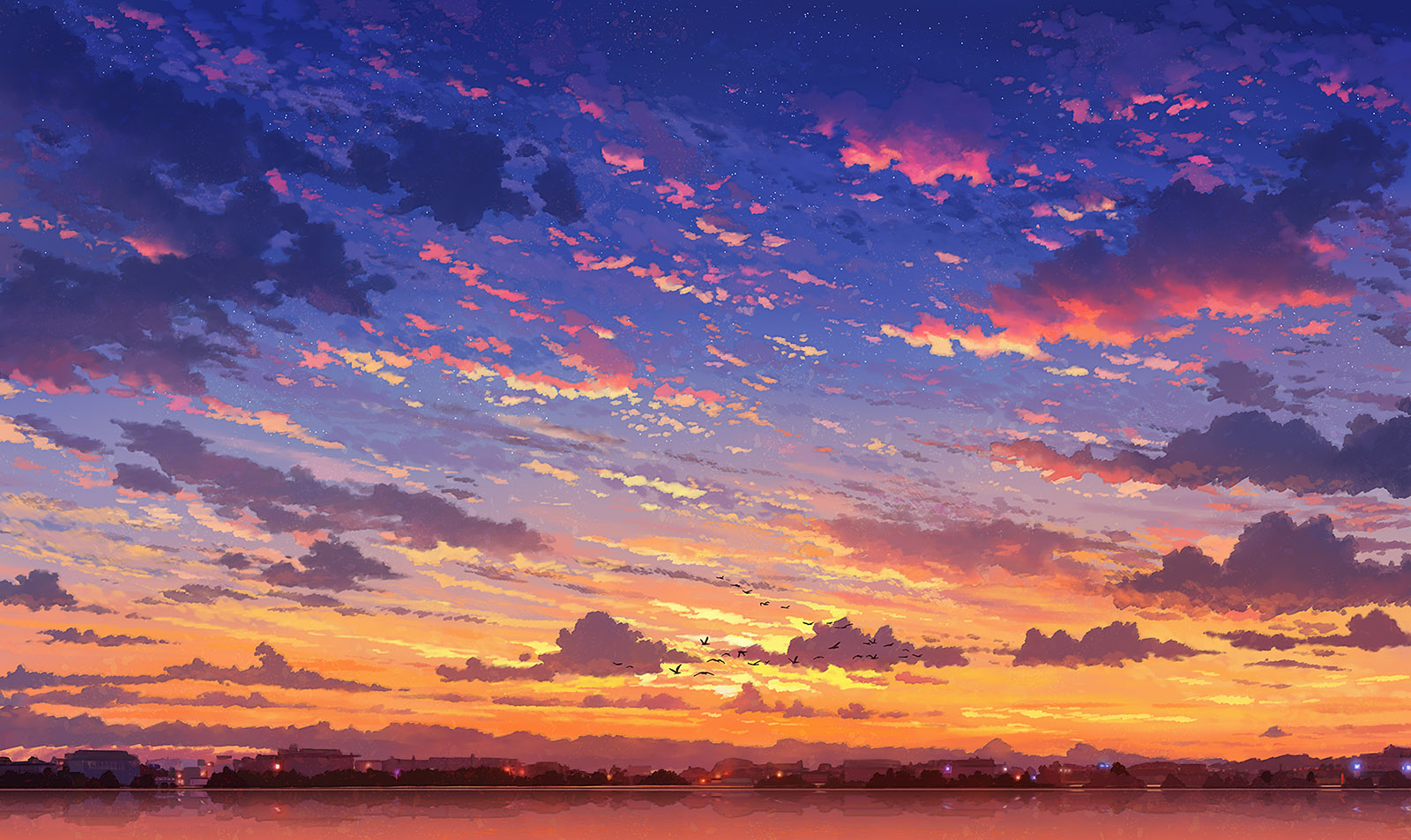 isobe toast, original, commentary request, highres, cloud, evening, flock, gradient sky, lake, multicolored clouds, no humans, outdoors, reflection, scenery, simple bird, sky, sky focus, star (sky), starry sky, town