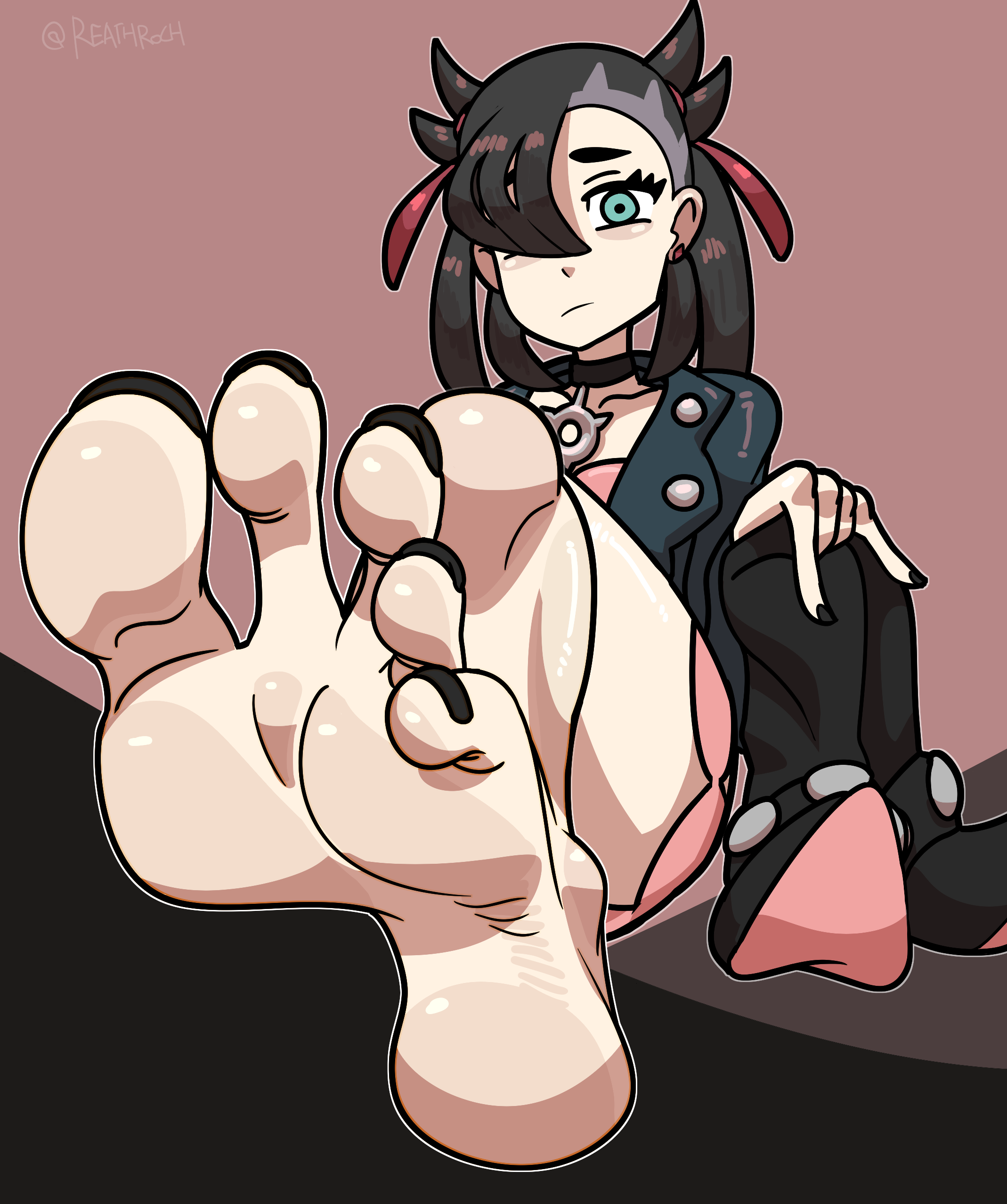 reathroch, marnie (pokemon), nintendo, pokemon, pokemon swsh, highres, 1girl, ankle boots, aqua eyes, asymmetrical bangs, black choker, black hair, black nails, black toenails, boots, choker, collarbone, expressionless, eyelashes, feet, female focus, fingernails, flat chest, foot focus, full body, hair ornament, hair over one eye, jacket, leather, leather jacket, long hair, long sleeves, looking at viewer, nail polish, no socks, pale skin, pendant choker, presenting foot, punk, soles, toenail polish, toenails, toes, twintails, undercut, unworn boots