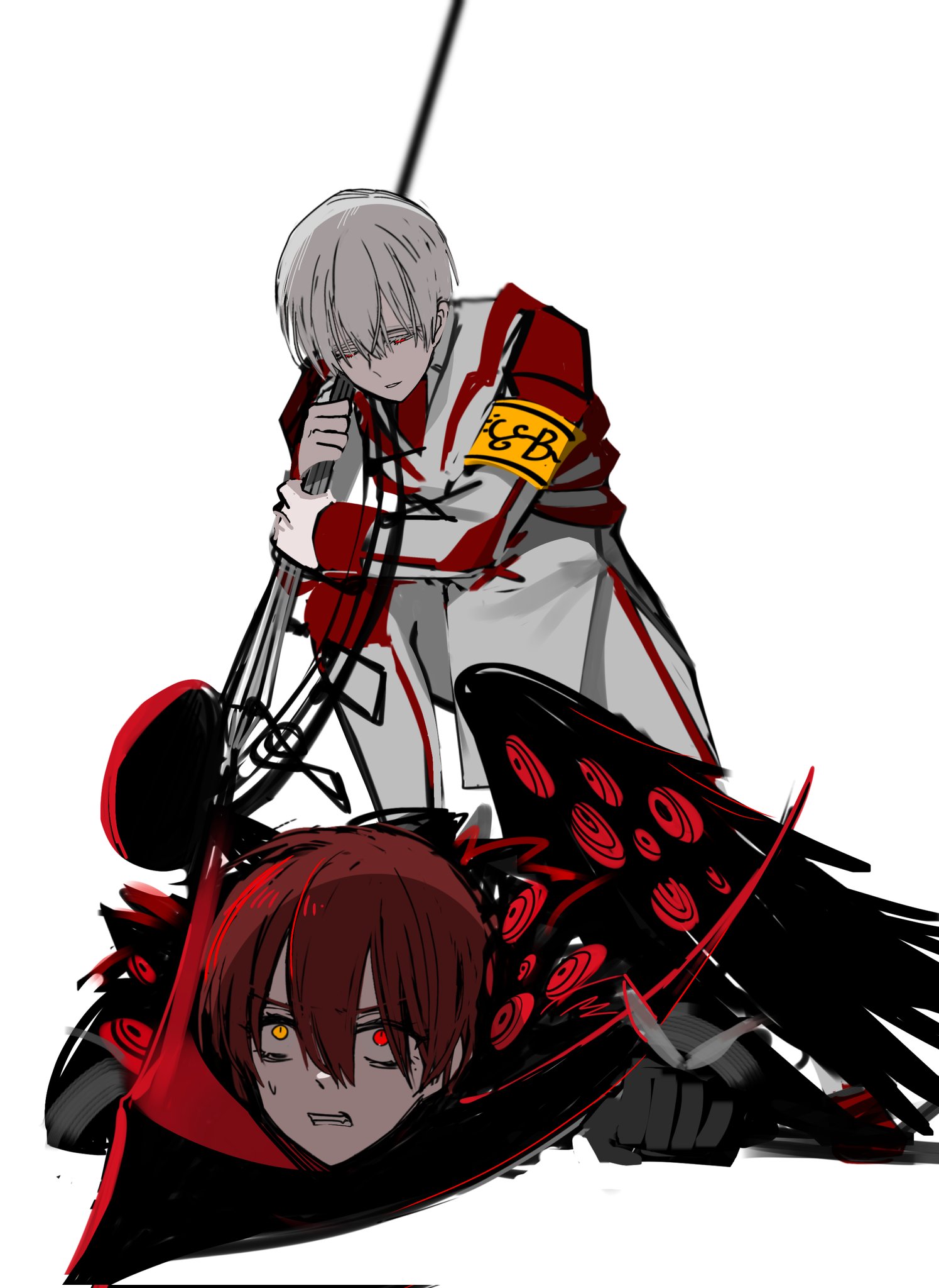 employee (project moon), nugget (project moon), lobotomy corporation, project moon, highres, 2boys, 779 nnk, armband, black gloves, black wings, blade to throat, clenched teeth, coat, da capo (e.g.o), e.g.o (project moon), gloves, heterochromia, holding, holding scythe, holding weapon, jacket, long sleeves, lying, male focus, multiple boys, on stomach, pants, paradise lost (e.g.o), pinned, red eyes, red hair, scythe, short hair, simple background, single wing, stepped on, teeth, twilight (e.g.o), weapon, white background, white hair, white jacket, white pants, wings, yellow armband, yellow eyes
