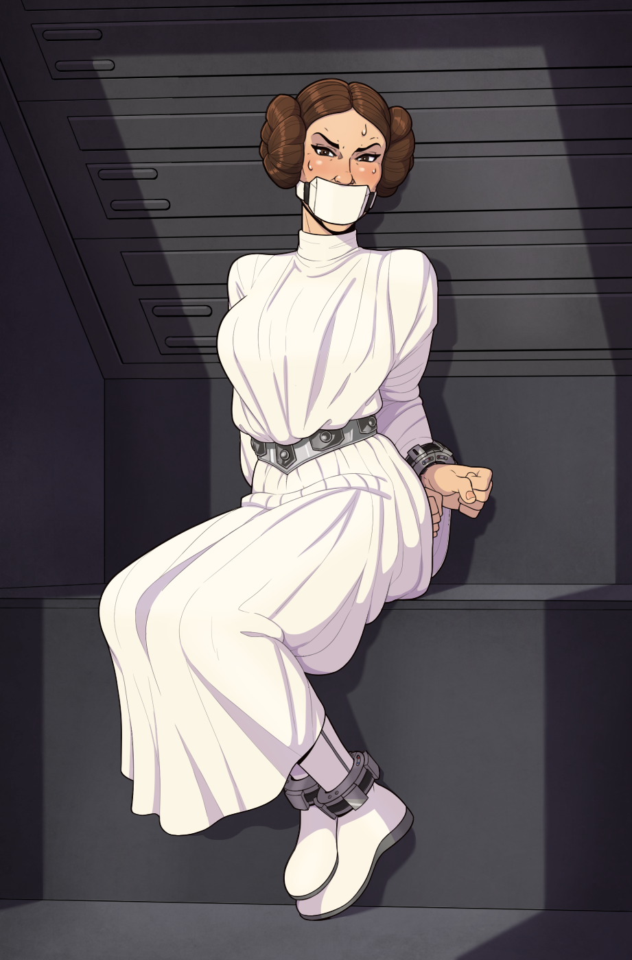 skelebomb, princess leia, star wars, highres, 1girl, ankle cuffs, bdsm, bondage, bound, bound ankles, bound wrists, brown eyes, brown hair, dress, gagged, looking at viewer, sitting, solo, sweat, white dress, wrist cuffs