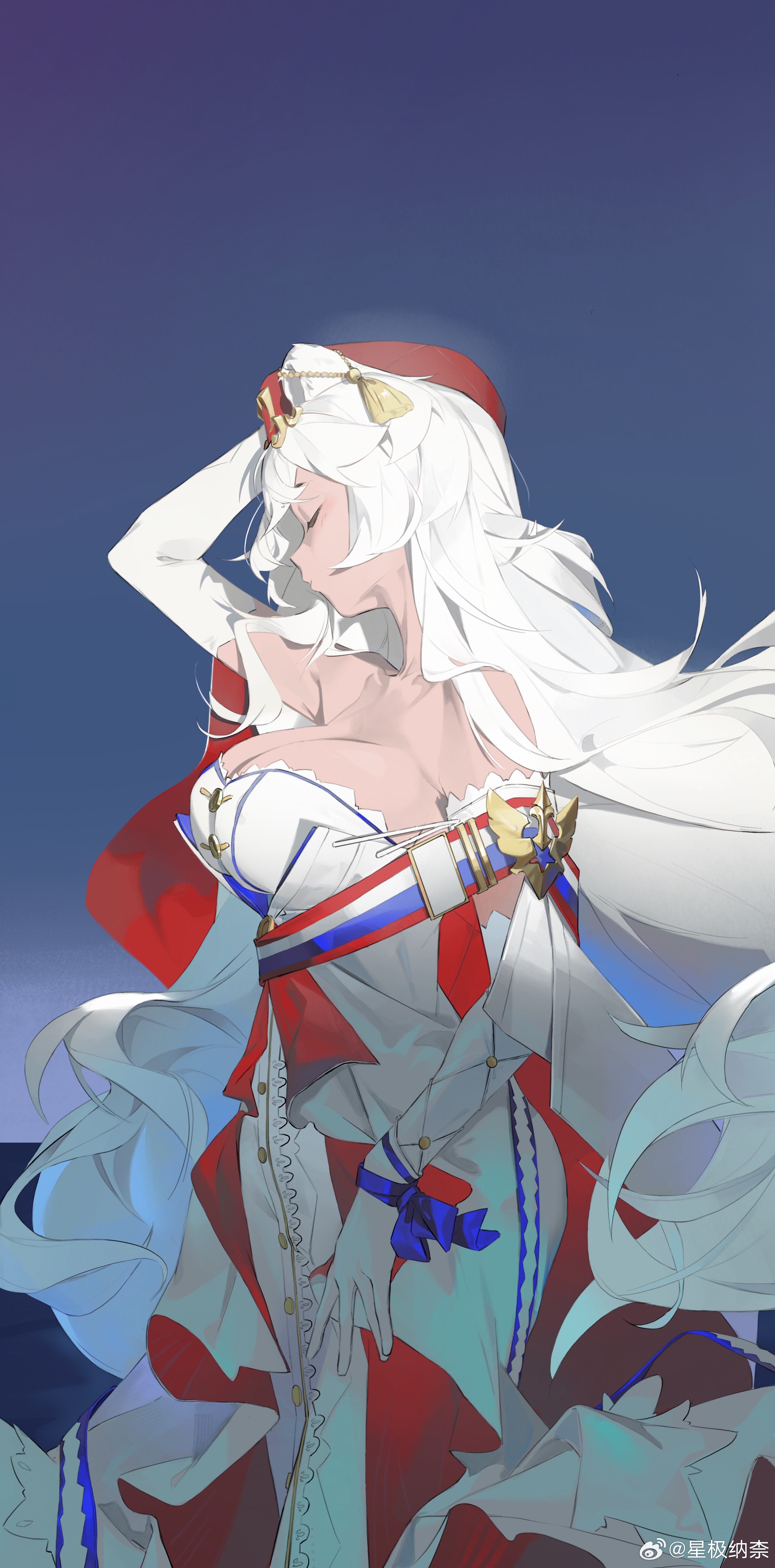 2242592427, rosa (arknights), rosa (masterpiece) (arknights), arknights, white gown, absurdres, commentary request, highres, 1girl, animal ears, arm at side, arm up, bare shoulders, bear ears, bear girl, blue background, blue ribbon, blue sash, blue trim, breasts, buttons, cape, cleavage, closed eyes, closed mouth, collar, collarbone, cowboy shot, dress, ear ornament, elbow gloves, fez hat, floating hair, frilled dress, frills, from side, gloves, gold trim, hand on own head, hat, jewelry, large breasts, long dress, long hair, long sidelocks, multicolored sash, nose, pale skin, red cape, red dress, red hat, red lips, red sash, ribbon, sash, sidelocks, simple background, sleeveless, sleeveless dress, solo, standing, strapless, strapless dress, tassel, two-tone cape, two-tone dress, ursus logo, very long hair, white cape, white dress, white eyes, white gloves, white hair, white sash