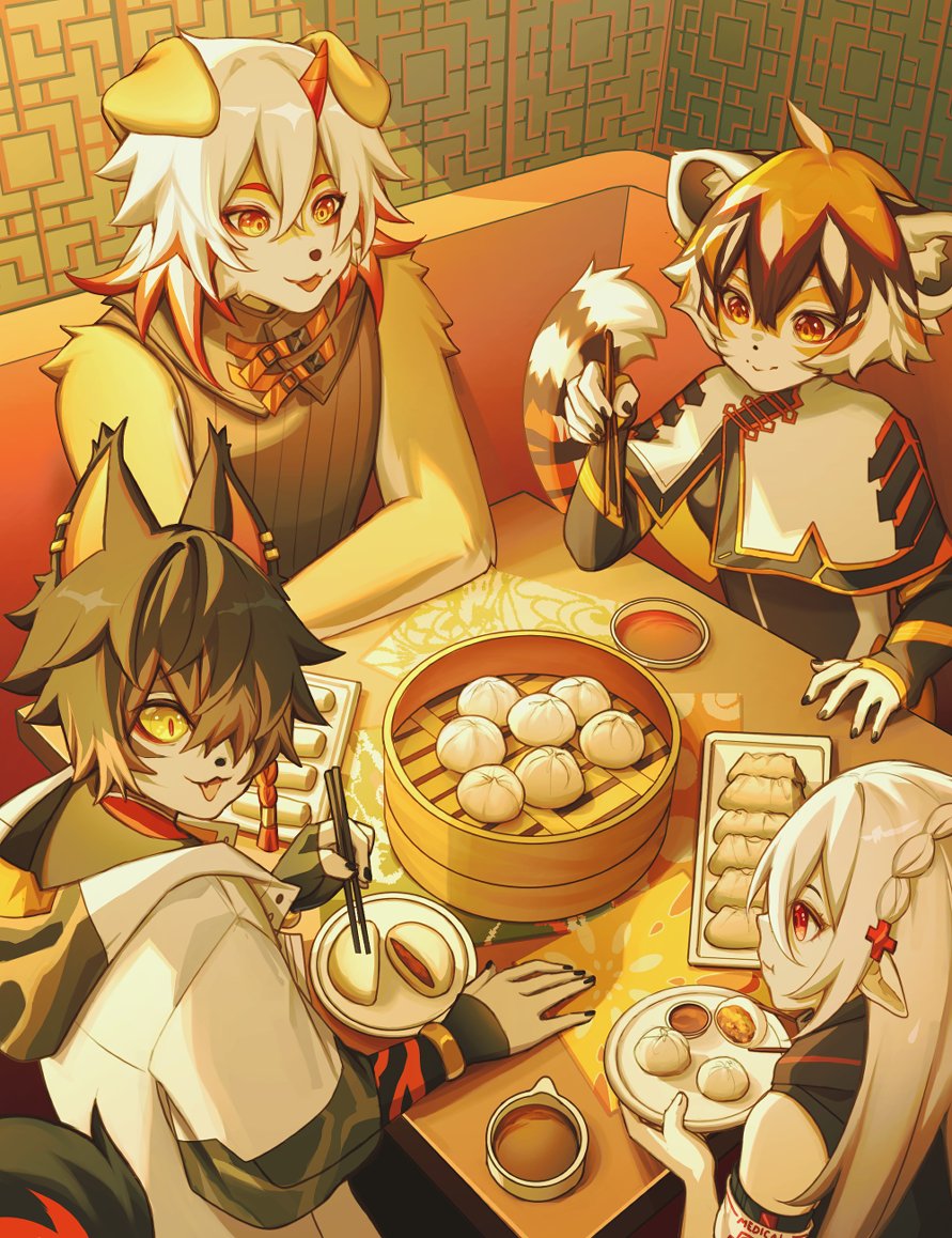 ev-oo, arknights, character request, 1girl, 3boys, ahoge, black hair, chopsticks, dumpling, eating, fang, food, jacket, looking at another, multiple boys, one eye covered, open mouth, orange eyes, orange hair, smile, table, tail, white hair, yellow eyes