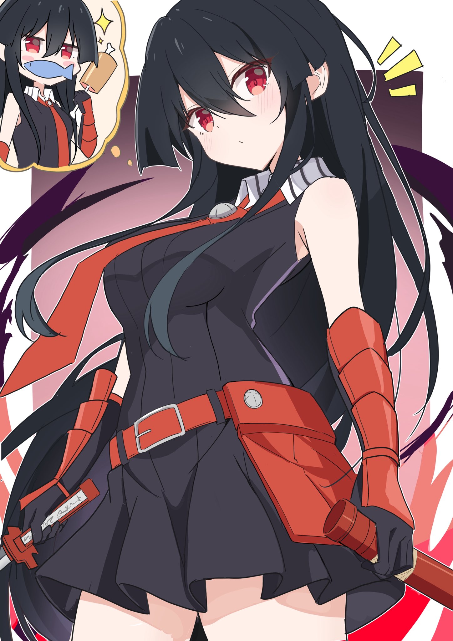 akure1129, akame (akame ga kill!), akame ga kill!, highres, 1girl, bare shoulders, belt, black hair, breasts, gloves, hair between eyes, holding, holding sheath, holding sword, holding weapon, katana, long hair, looking at viewer, medium breasts, necktie, red belt, red eyes, red necktie, sheath, shirt, skirt, sleeveless, solo, sword, unsheathing, very long hair, weapon