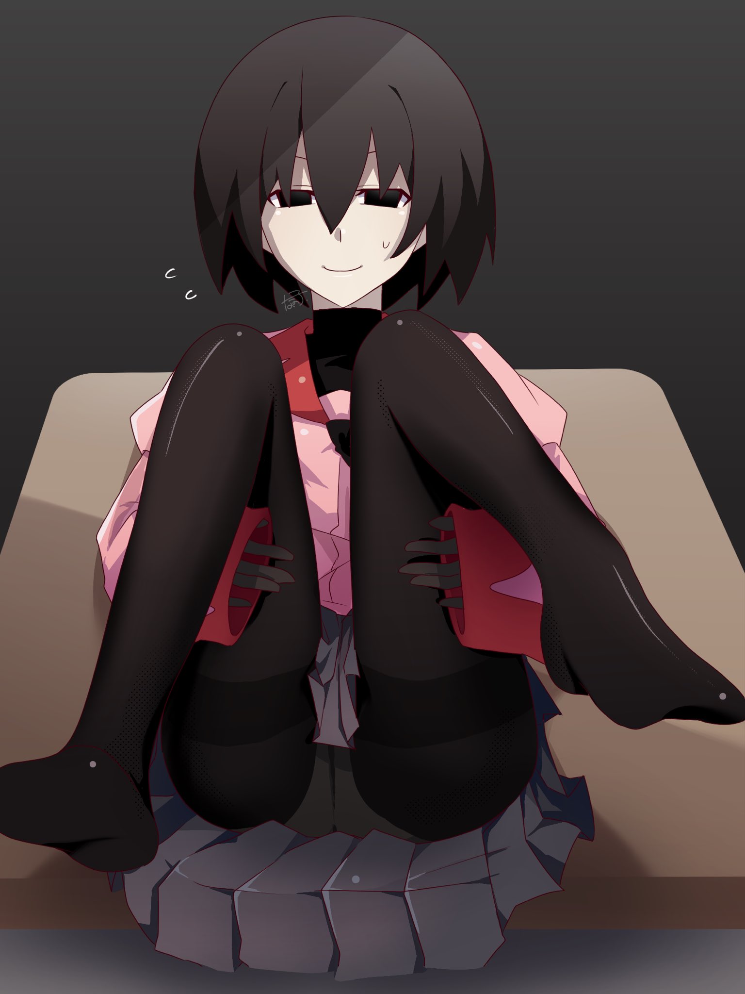 oshino ougi, monogatari (series), commentary, highres, 1girl, artist name, ass, black eyes, black gloves, black hair, black necktie, black pantyhose, black shirt, bob cut, closed mouth, collared shirt, desk, dress shirt, empty eyes, flying sweatdrops, gloves, gradient background, grey background, grey skirt, hair between eyes, hands on own thighs, juliet sleeves, legs up, long sleeves, looking at viewer, lying, nano-tan (sakuta sakuzi), naoetsu high school uniform, narrowed eyes, necktie, nervous, nervous smile, nervous sweating, no shoes, on back, on desk, pale skin, panties, panties under pantyhose, pantyhose, pantyshot, pink shirt, pleated skirt, puffy sleeves, red trim, school desk, school uniform, shiny clothes, shirt, short hair, signature, sitting, skirt, sleeves past wrists, smile, solo, sweat, sweatdrop, turtleneck, underwear, upskirt