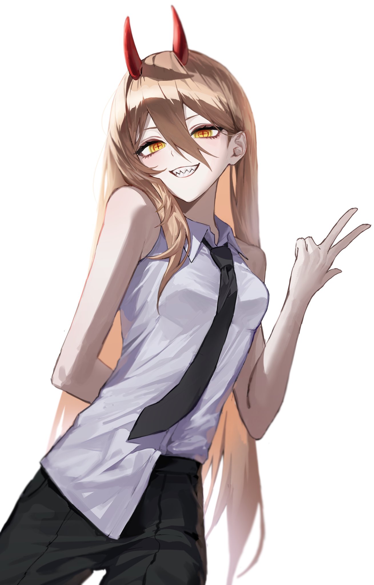 power (chainsaw man), chainsaw man, commentary request, highres, korean commentary, 1girl, aco (aco 7313), arm behind back, armpit crease, black necktie, black pants, breasts, brown hair, collared shirt, cowboy shot, crosshair pupils, demon horns, double-parted bangs, grey shirt, grin, hair between eyes, hand up, horns, long bangs, long hair, looking at viewer, medium breasts, necktie, orange eyes, pants, red horns, sharp teeth, shirt, shirt partially tucked in, simple background, sleeveless, sleeveless shirt, smile, solo, standing, straight hair, teeth, very long hair, w, white background