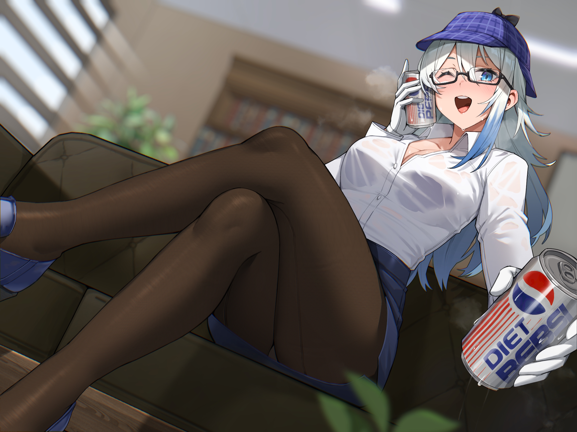 vuxer, liana oswald, bluecoat agency, pepsi, highres, second-party source, 1girl, ;d, black bow, black bra, blue eyes, blue hair, blue hat, blue shoes, blue skirt, blurry, blurry background, bookshelf, bow, bra, bra peek, brand name imitation, breasts, brown pantyhose, cleavage, collared shirt, couch, crossed legs, detective, gradient hair, hat, hat bow, long hair, long sleeves, medium breasts, multicolored hair, office lady, on couch, one eye closed, open mouth, pantyhose, pencil skirt, plaid hat, shirt, shoes, sitting, skirt, smile, solo, sweat, teeth, tongue, underwear, upper teeth only, very sweaty, white hair, white shirt