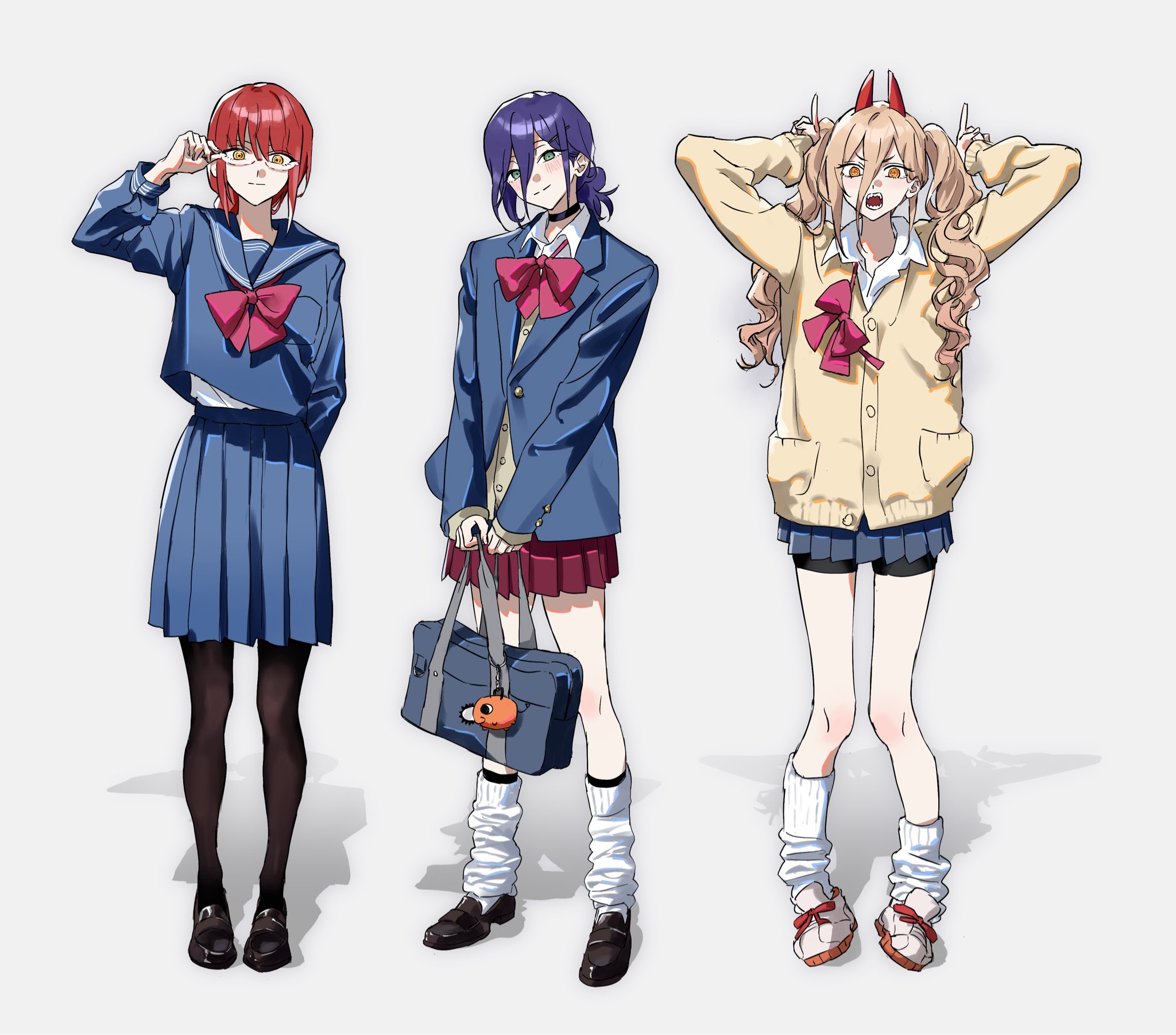 makima (chainsaw man), pochita (chainsaw man), power (chainsaw man), reze (chainsaw man), chainsaw man, highres, 3girls, alternate costume, alternate hairstyle, bag, black choker, black pantyhose, black shoes, blazer, blue background, blue jacket, blue serafuku, blue skirt, bow, bowtie, cardigan, character charm, charm (object), choker, closed mouth, curly hair, demon girl, demon horns, full body, glasses, gradient background, green eyes, gyaru, hair between eyes, hands up, horns, jacket, loafers, loose bowtie, loose socks, monkeysmeal7664, multiple girls, open mouth, pantyhose, purple hair, purple skirt, red hair, red horns, school bag, school uniform, serafuku, shadow, sharp teeth, shoes, shorts, shorts under skirt, sidelocks, skirt, socks, standing, teeth, twintails, white socks, yellow cardigan, yellow eyes