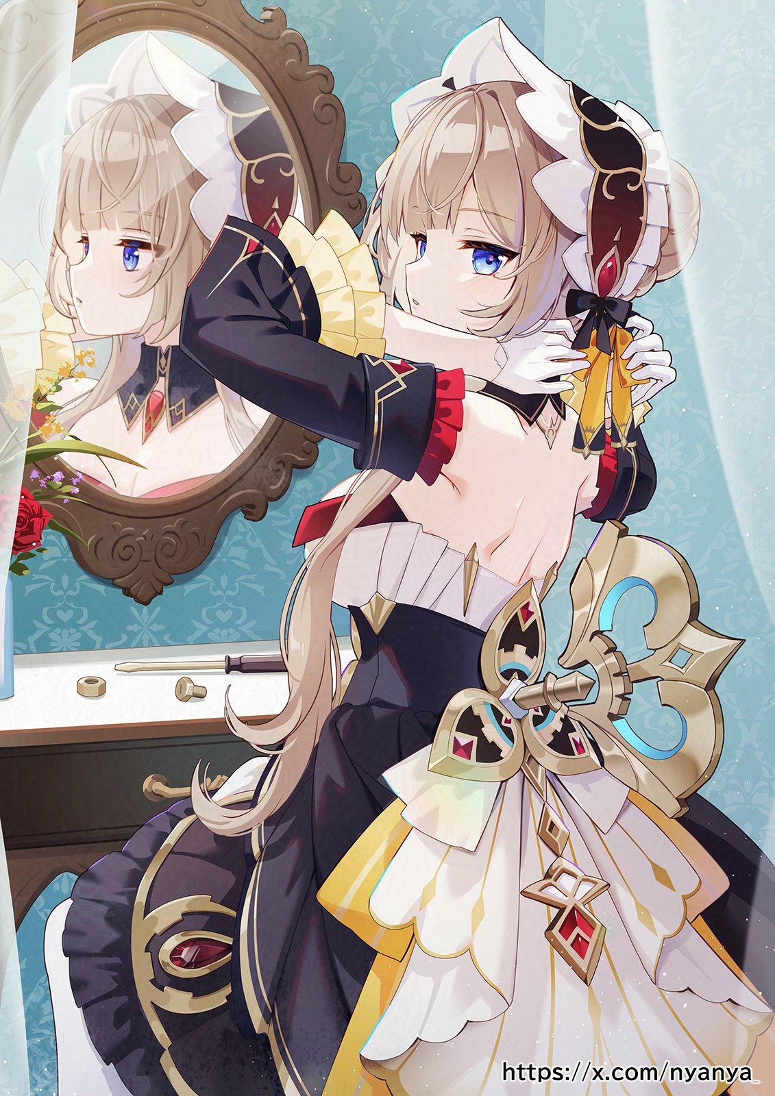 nyanya, sandrone (genshin impact), genshin impact, highres, 1girl, arms behind head, automaton (object), bare shoulders, black dress, blue eyes, braid, breasts, brown hair, bun with braided base, detached sleeves, dress, gloves, indoors, long hair, long sleeves, looking at viewer, looking back, mirror, pantyhose, parted lips, reflection, short hair with long locks, sitting, solo, white gloves, white headdress, white pantyhose