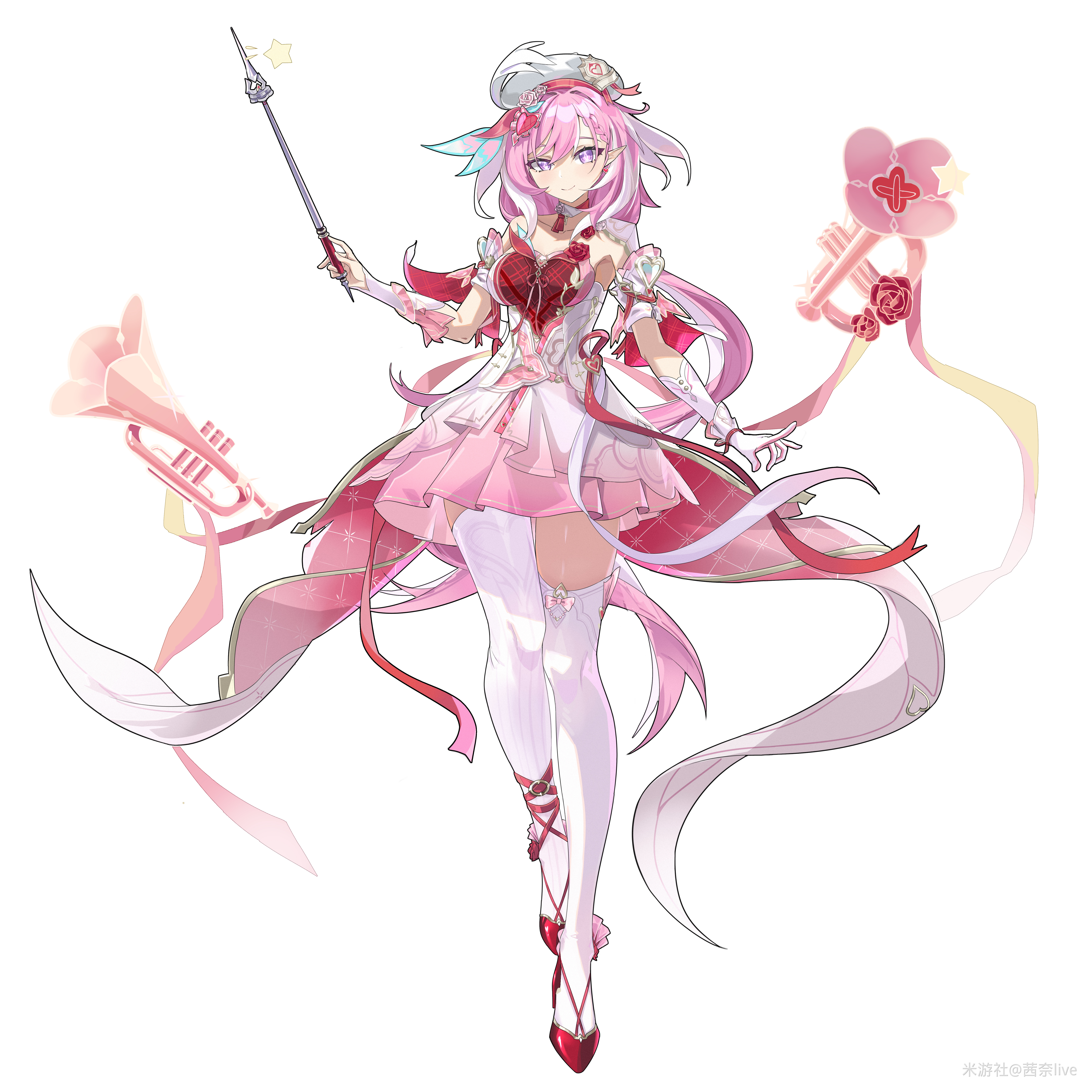 elysia (hi love elf) (honkai impact), elysia (honkai impact), honkai (series), honkai impact 3rd, absurdres, highres, 1girl, beret, breasts, diamond-shaped pupils, diamond (shape), dress, full body, hat, highleg, holding, instrument, large breasts, long hair, looking at viewer, multicolored dress, multicolored hair, pink dress, pink hair, purple eyes, qiannai live, red dress, simple background, solo, symbol-shaped pupils, thighhighs, thighs, trumpet, two-tone hair, very long hair, white background, white dress, white hair, white thighhighs