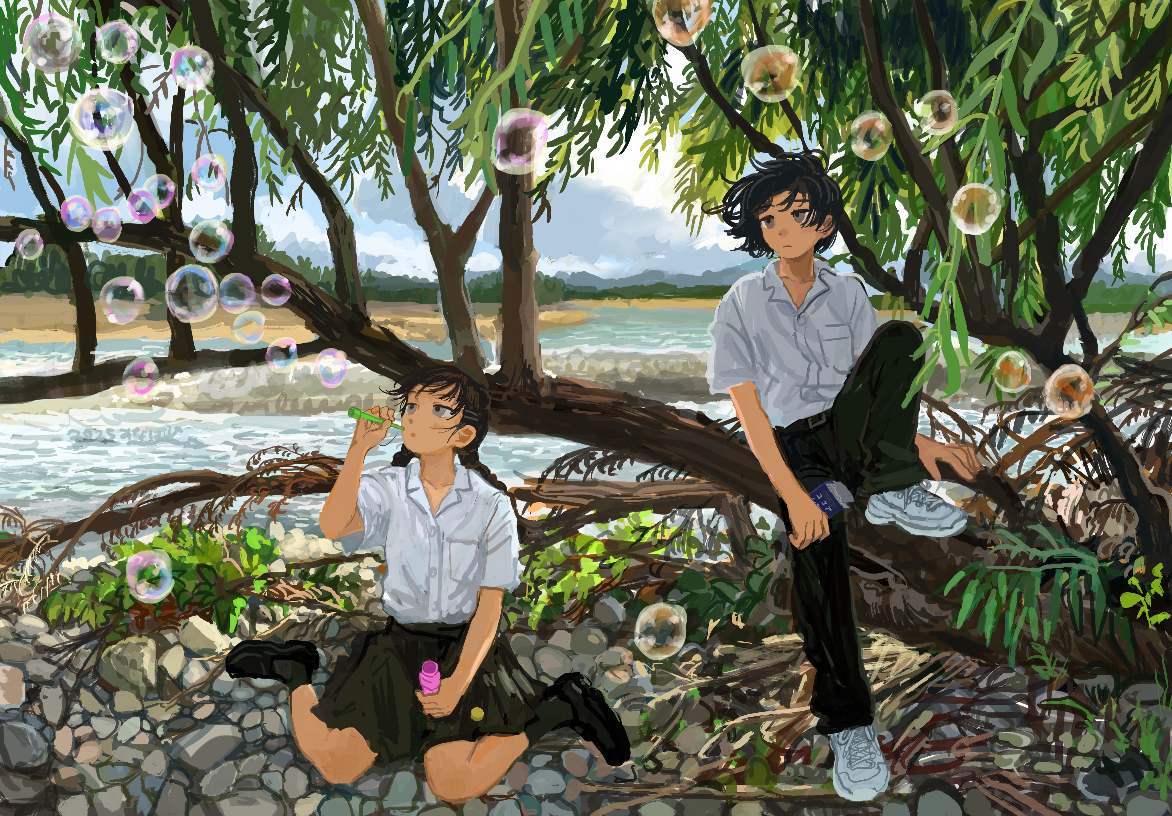 minahamu, original, braided twintails, absurdres, commentary request, highres, 1boy, 1girl, :o, black hair, black pants, black shoes, black skirt, black socks, blowing bubbles, bottle, braid, breast pocket, bubble, collared shirt, day, expressionless, grey eyes, holding, holding bottle, in tree, loafers, long hair, on ground, outdoors, pants, parted lips, pocket, river, school uniform, shirt, shoes, short hair, short sleeves, sitting, sitting in tree, skirt, slice of life, sneakers, socks, tree, very short hair, wariza, white shirt, white shoes, wing collar