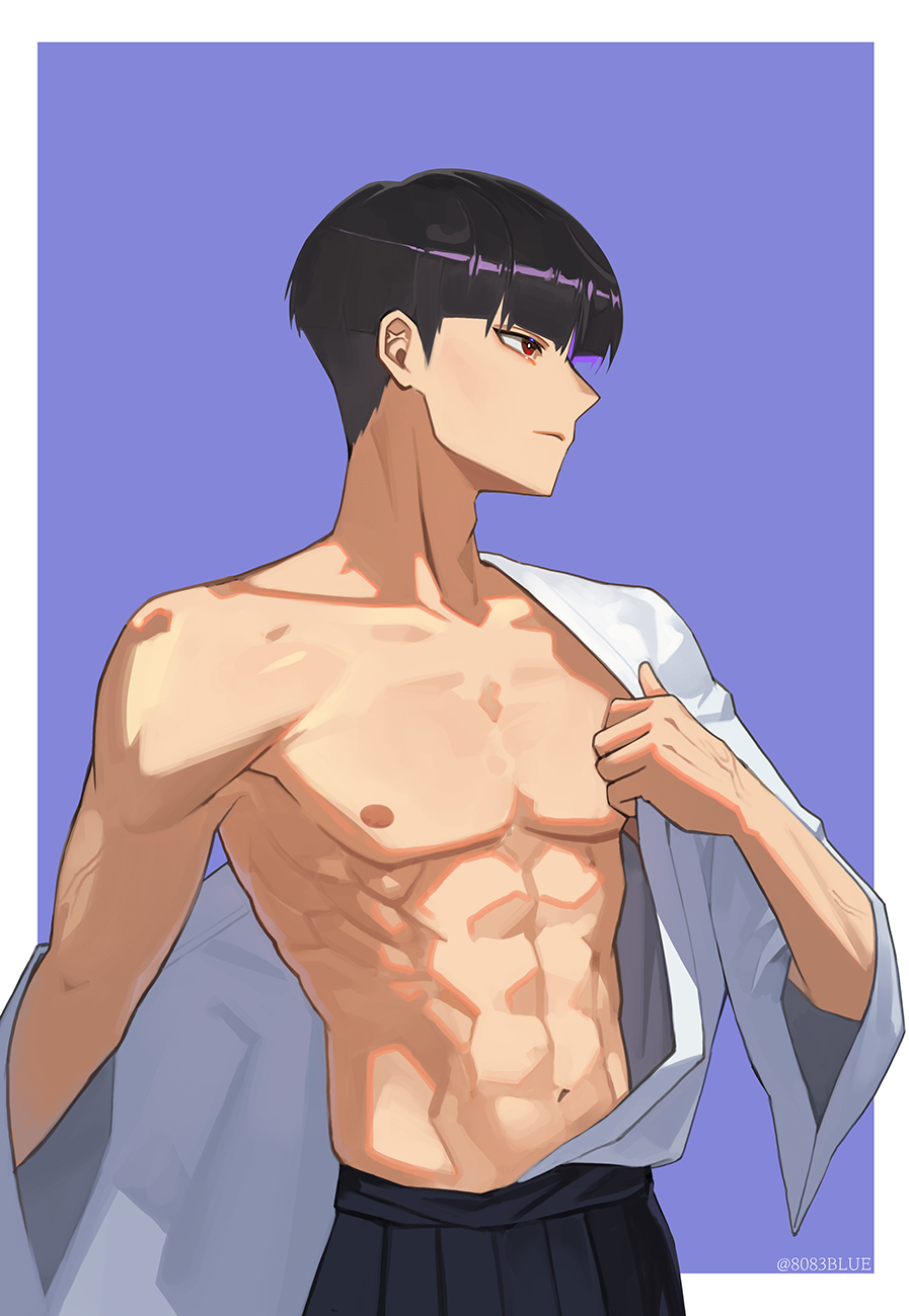 8083 blue, hoshina soshiro, kaijuu no. 8, highres, 1boy, abs, black hair, border, bowl cut, bright pupils, closed mouth, dressing, hakama, japanese clothes, looking to the side, male focus, nipples, pectorals, purple background, red eyes, shirt, shredded muscles, simple background, solo, toned, toned male, white border, white pupils, white shirt