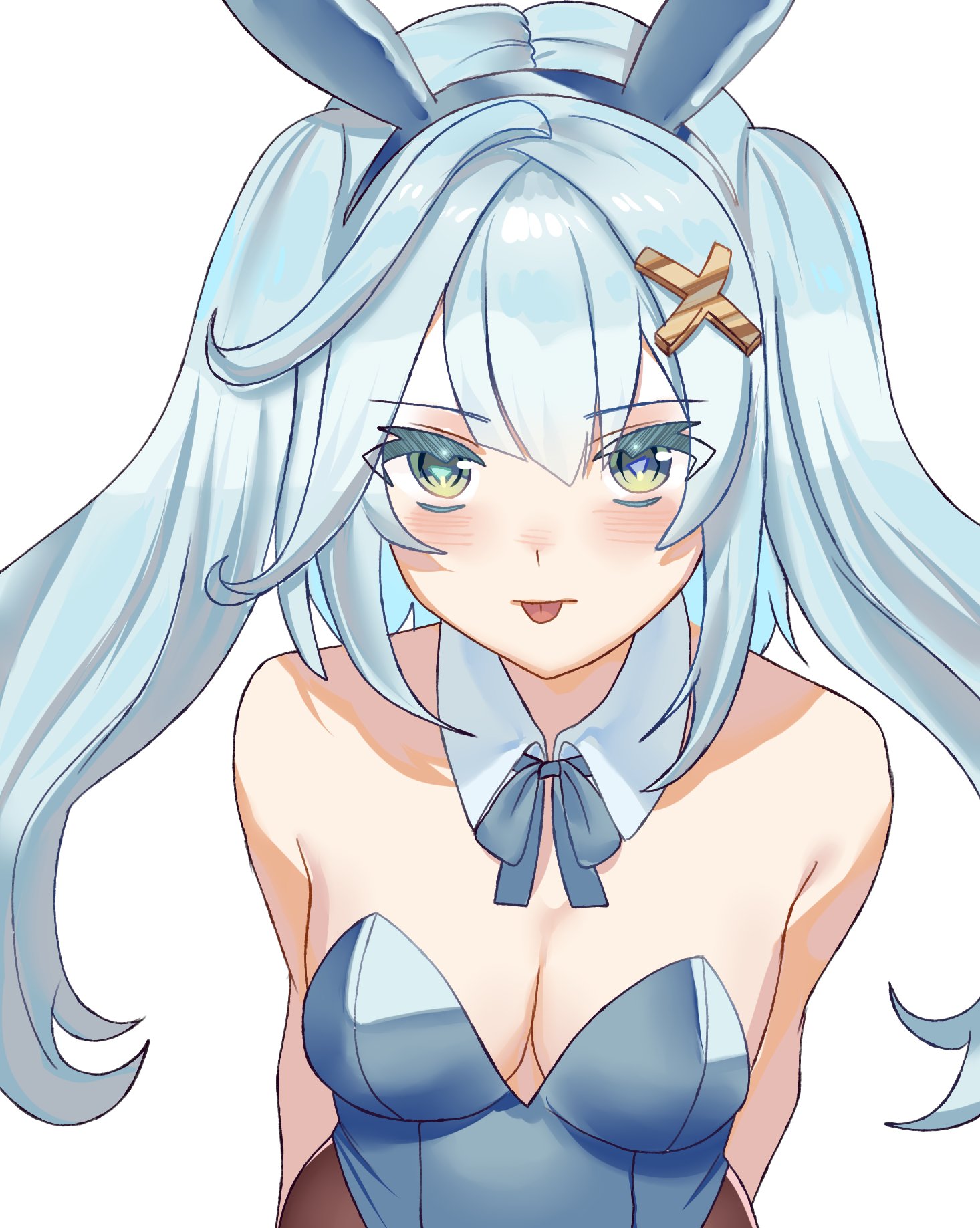 faruzan (genshin impact), genshin impact, highres, 1girl, animal ears, blue hair, blush, breasts, fake animal ears, green eyes, looking at viewer, playboy bunny, rabbit ears, rabbit girl, tongue