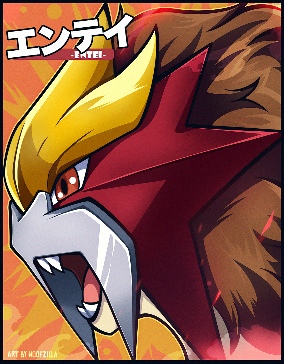 woofzilla, entei, nintendo, pokemon, commentary, english commentary, highres, translation request, artist name, black border, border, character name, embers, gen 2 pokemon, legendary pokemon, no humans, open mouth, orange background, pokemon (creature), red eyes, sharp teeth, solo, teeth