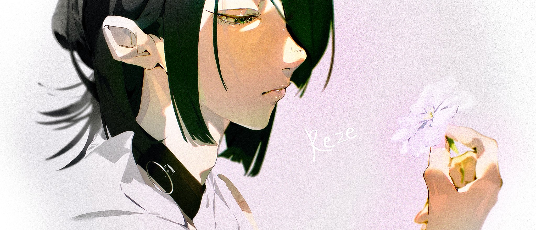 reze (chainsaw man), chainsaw man, highres, 1girl, black choker, black hair, character name, choker, collared shirt, flower, from side, grenade pin, groovy high, holding, holding flower, lips, medium hair, parted lips, portrait, profile, shirt, solo, white flower, white shirt