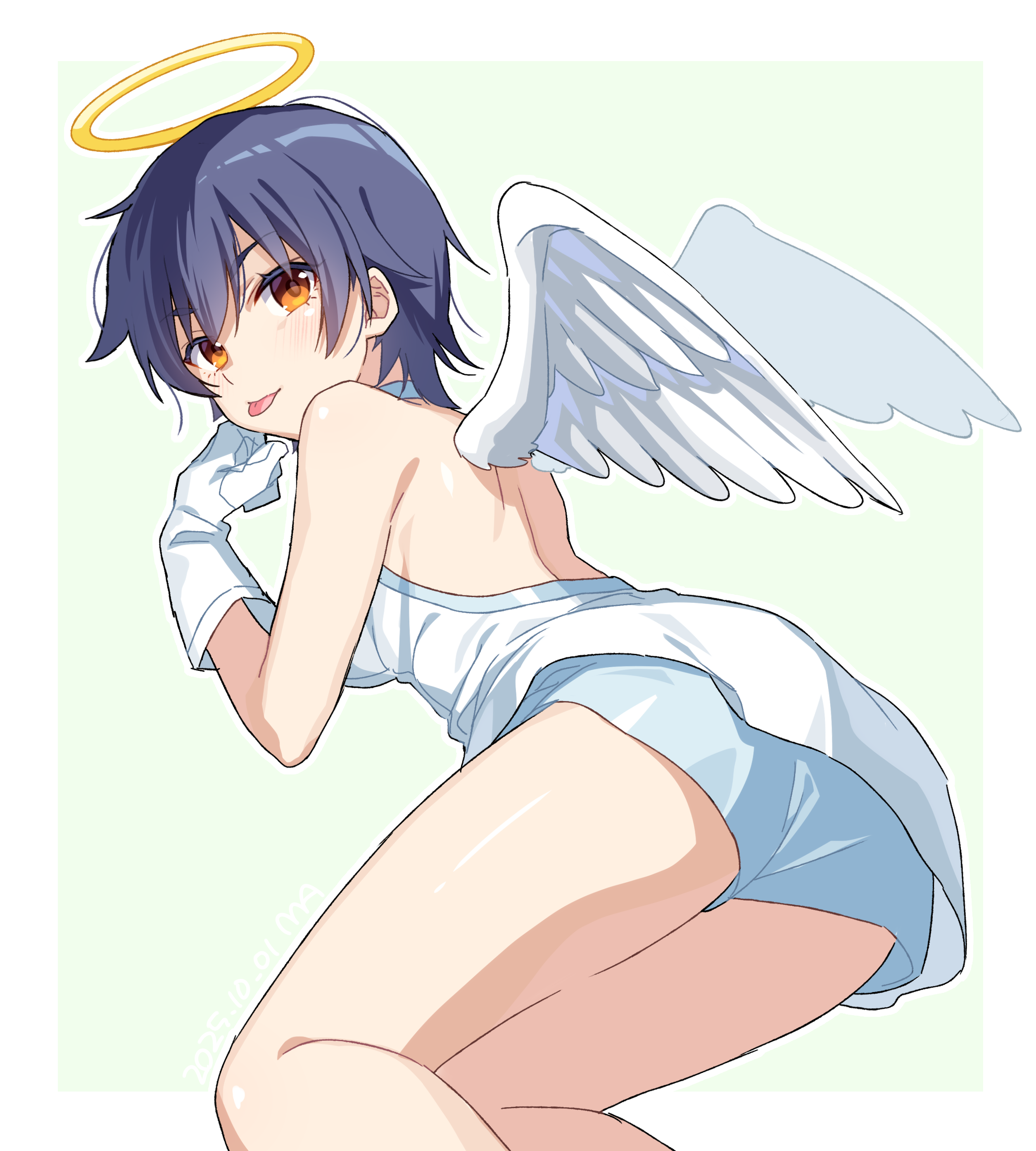 manimani (mani ma), kanbaru suruga, monogatari (series), absurdres, commentary, highres, 1girl, angel, angel wings, ass, bare shoulders, black hair, blue background, blue shorts, dress, feathered wings, feet out of frame, from behind, gloves, halo, looking at viewer, looking back, shorts, shoulder blades, simple background, solo, thighs, tomboy, tongue, tongue out, traditional halo, white dress, white gloves, white wings, wings, yellow eyes
