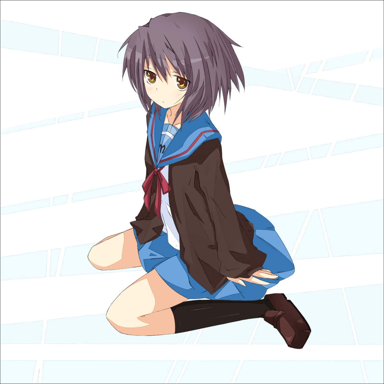 kitsune (pixiv77707), kitsune (scaz), nagato yuki, suzumiya haruhi no yuuutsu, highres, 00s, cardigan, purple hair, school uniform, serafuku, short hair, solo