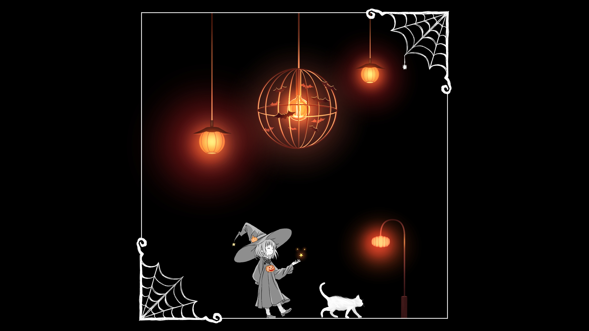endlesscat, original, commentary, commentary request, english commentary, highres, mixed-language commentary, 1girl, animal, black background, border, cat, closed eyes, closed mouth, dress, greyscale, halloween, hand up, hanging light, hat, hat ornament, jack-o'-lantern, lamppost, long dress, long sleeves, medium hair, monochrome, silk, simple background, smile, solo, spider web, spot color, star (symbol), walking, white border, white cat, witch hat