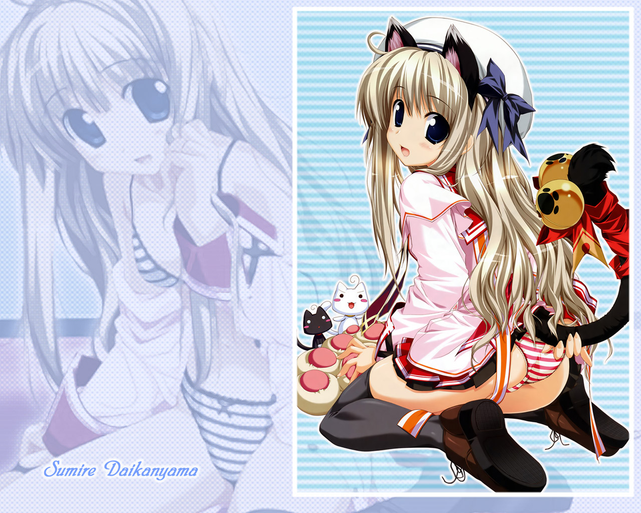 oshiki hitoshi, daikan'yama sumire, suzunone seven, 1girl, animal ears, bell, blonde hair, blue eyes, blush, bow, bra, cat, cat ears, cat tail, clothes lift, dress, happy, hat, lifted by tail, lingerie, long hair, looking back, open clothes, open shirt, panties, school uniform, shirt, skirt, skirt lift, striped clothes, striped panties, tail, thighhighs, underwear, undressing
