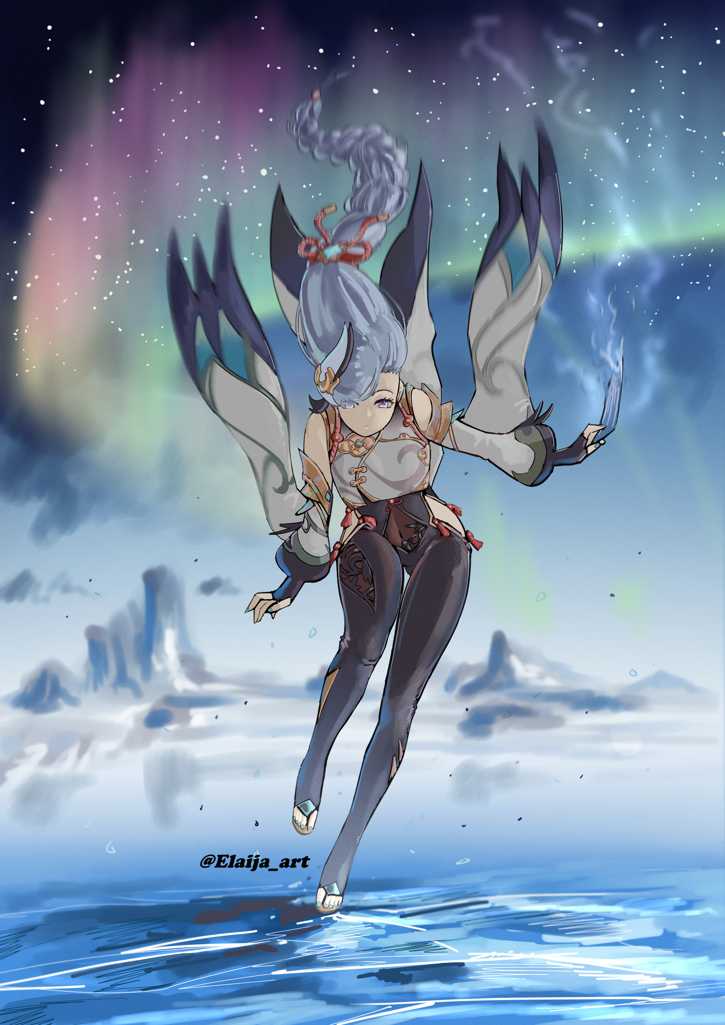shenhe (genshin impact), genshin impact, absurdres, artist request, highres, scan, 1girl, aqua nails, aqua toenails, aurora, bare shoulders, bent over, black bodysuit, bodystocking, bodysuit, bodysuit under clothes, braid, breast curtain, breasts, clothing cutout, covered navel, crease, detached sleeves, expressionless, eyelashes, feet, female focus, fingernails, full body, gloves, grey eyes, groin, hair ornament, hair over one eye, high heel sandals, hip vent, ice, knee up, large breasts, legs, long hair, looking at viewer, low-braided long hair, low-tied long hair, nail polish, no panties, outdoors, outstretched arms, partially fingerless gloves, platform sandals, puffy sleeves, sandals, sidelocks, skin tight, sky, standing, standing on one leg, tassel, tassel hair ornament, thighs, toenail polish, toenails, toes, very long hair, vision (genshin impact), white hair
