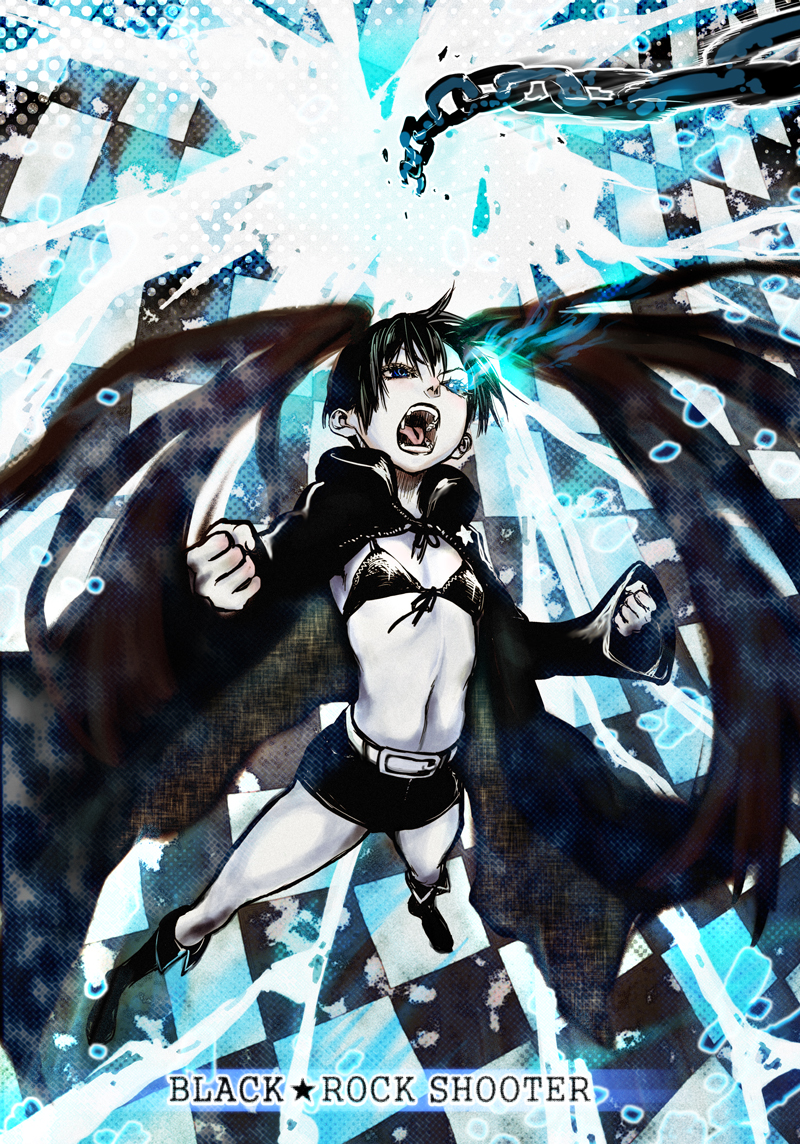 kishizuka kenji, black rock shooter (character), black rock shooter, vocaloid, 10s, 1girl, bikini, bikini top only, black hair, blue eyes, chain, female focus, full body, long hair, midriff, shorts, solo, swimsuit, twintails