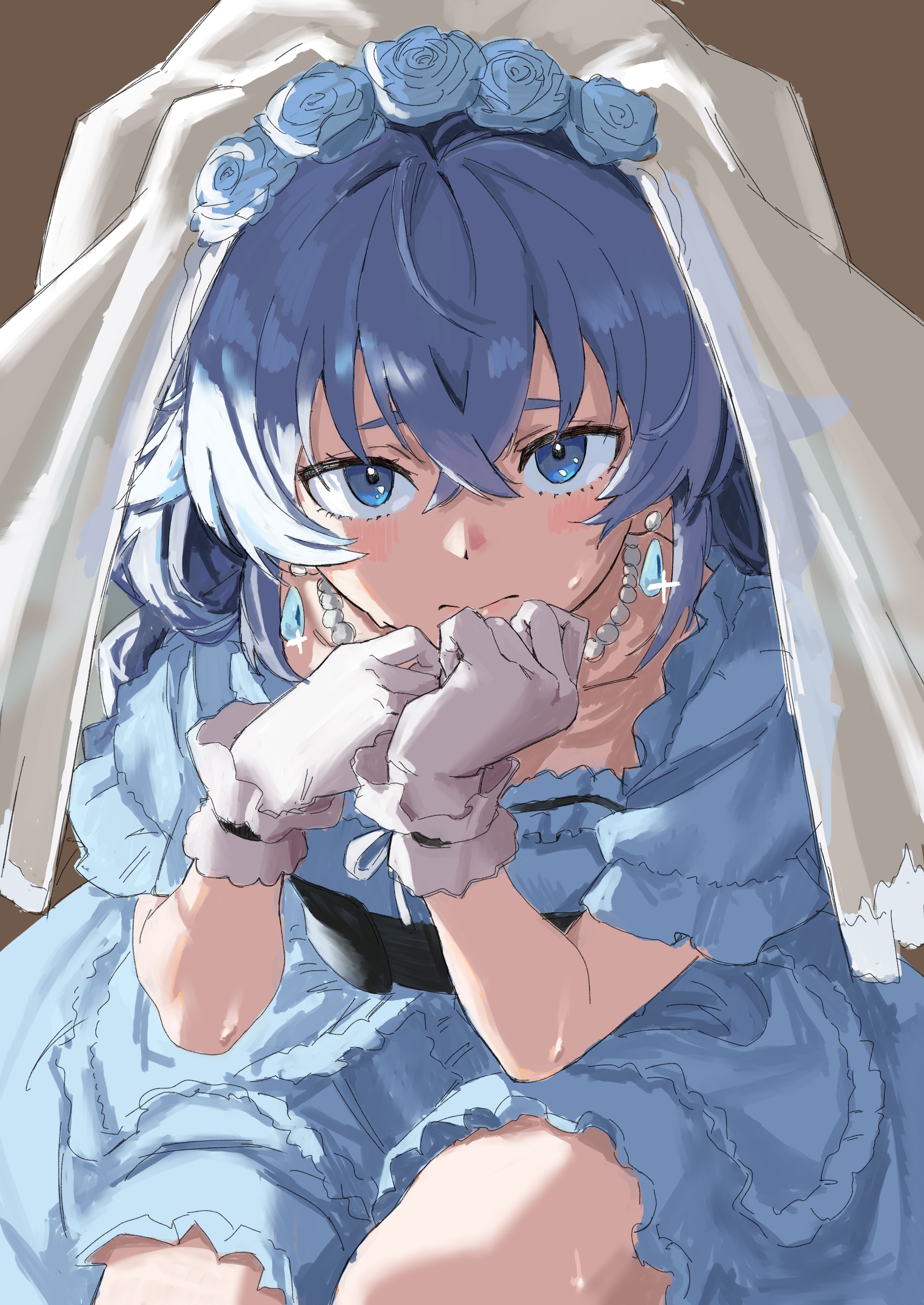 roxy migurdia, mushoku tensei, absurdres, commentary request, highres, 1girl, alternate costume, belt, blue dress, blue eyes, blue hair, bridal veil, closed mouth, crossed bangs, dress, earrings, flower, gloves, hair between eyes, hair flower, hair ornament, jewelry, looking at viewer, necklace, pearl necklace, rkgktomato, sitting, teardrop earrings, veil, white gloves, white veil