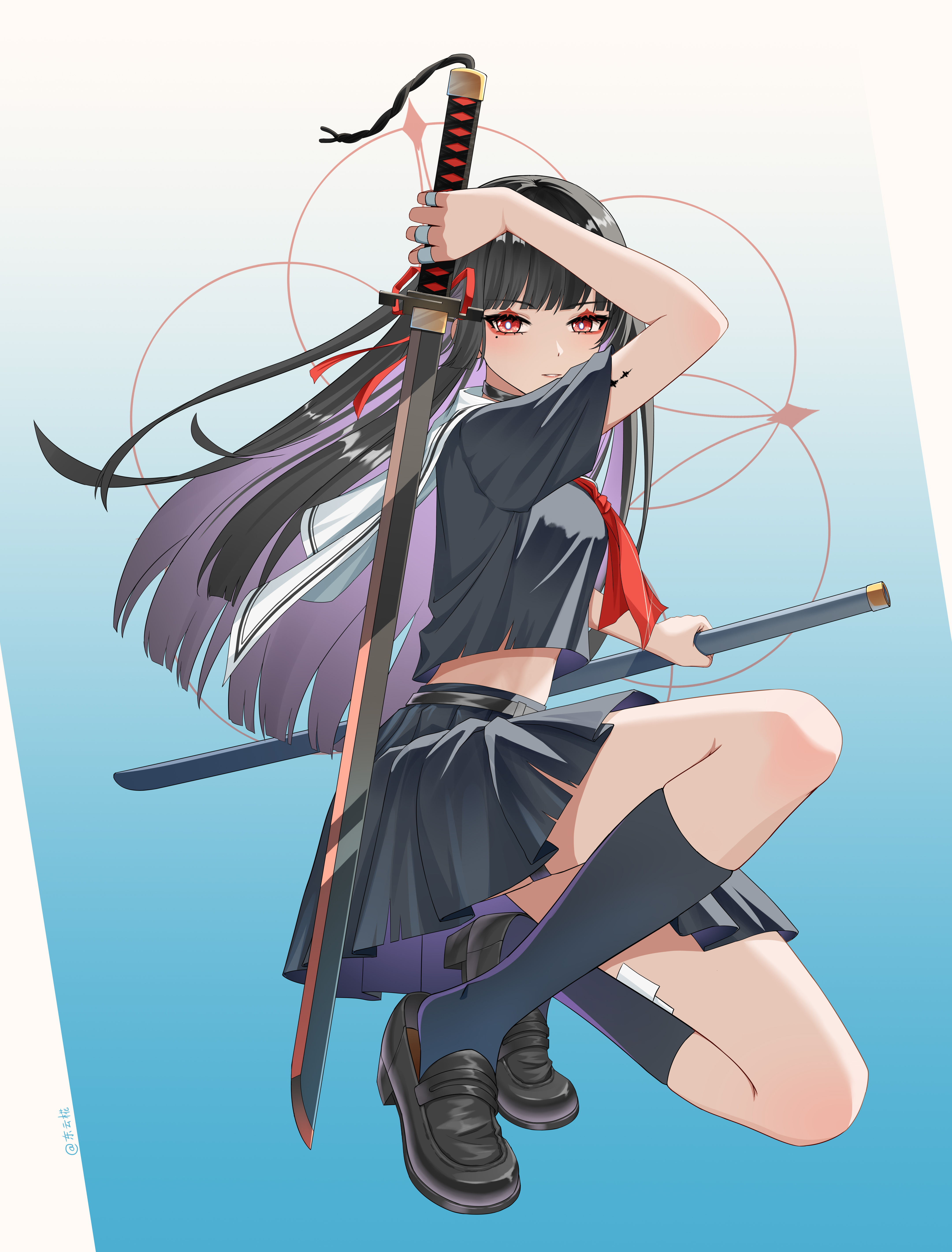 dongyun hua, chisa (wuthering waves), wuthering waves, absurdres, commentary request, highres, 1girl, adapted costume, black choker, black hair, black serafuku, black shirt, black shoes, black skirt, black socks, breasts, choker, full body, hair ribbon, holding, holding sheath, holding sword, holding weapon, katana, loafers, long hair, looking at viewer, medium breasts, mole, mole under eye, neckerchief, parted lips, red eyes, red neckerchief, red ribbon, ribbon, sailor collar, school uniform, serafuku, sheath, shirt, shoes, short sleeves, sidelocks, skirt, socks, solo, squatting, sword, unsheathed, weapon, white sailor collar