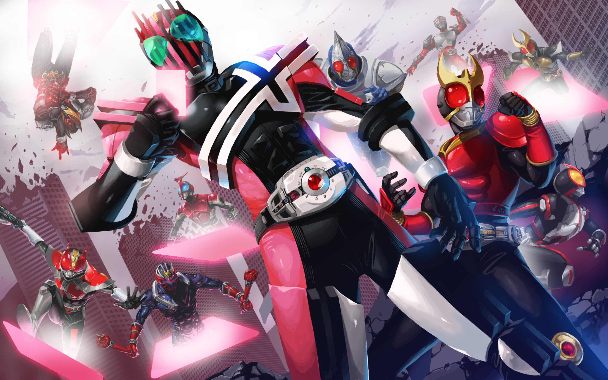 obui, kamen rider agito, kamen rider agito (ground form), kamen rider blade, kamen rider decade, kamen rider den-o, kamen rider den-o (sword form), kamen rider faiz, kamen rider hibiki, kamen rider kabuto, kamen rider kiva, kamen rider kuuga, kamen rider ryuki, kamen rider, kamen rider 555, kamen rider agito (series), kamen rider blade (series), kamen rider dcd, kamen rider den-o (series), kamen rider hibiki (series), kamen rider kabuto (series), kamen rider kiva (series), kamen rider kuuga (series), kamen rider ryuki (series), highres, 6+boys, card, city, holding, holding card, male focus, multiple boys, ruins