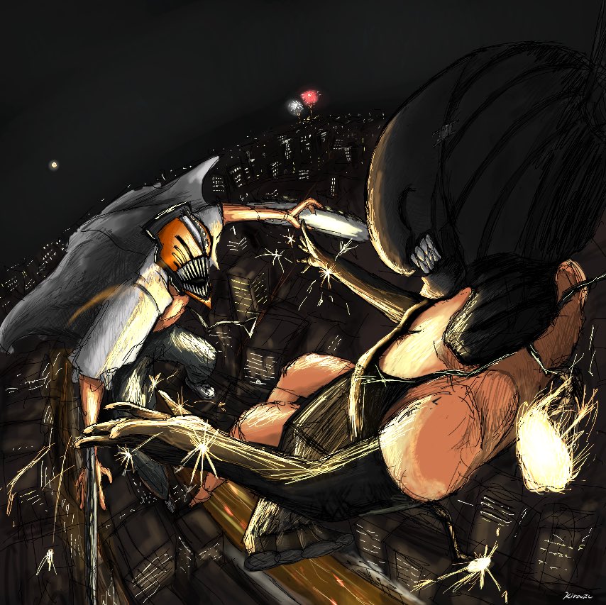 bomb devil (chainsaw man), denji (chainsaw man), chainsaw man, commentary, 1boy, 1girl, aerial fireworks, apron, black apron, black pants, breasts, chainsaw, city lights, cityscape, cleavage, fireworks, fisheye, floating, full body, full moon, kirazu321, moon, night, night sky, outdoors, pants, sharp teeth, shirt, signature, sky, sparks, teeth, white shirt