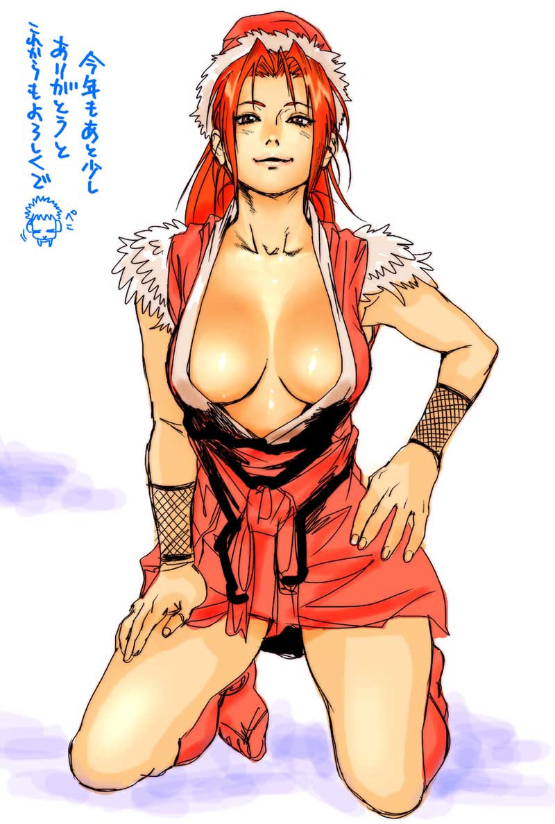 kishizuka kenji, 1girl, breasts, christmas, cleavage, female focus, hat, japanese clothes, large breasts, ninja, open clothes, open shirt, santa hat, shirt, solo